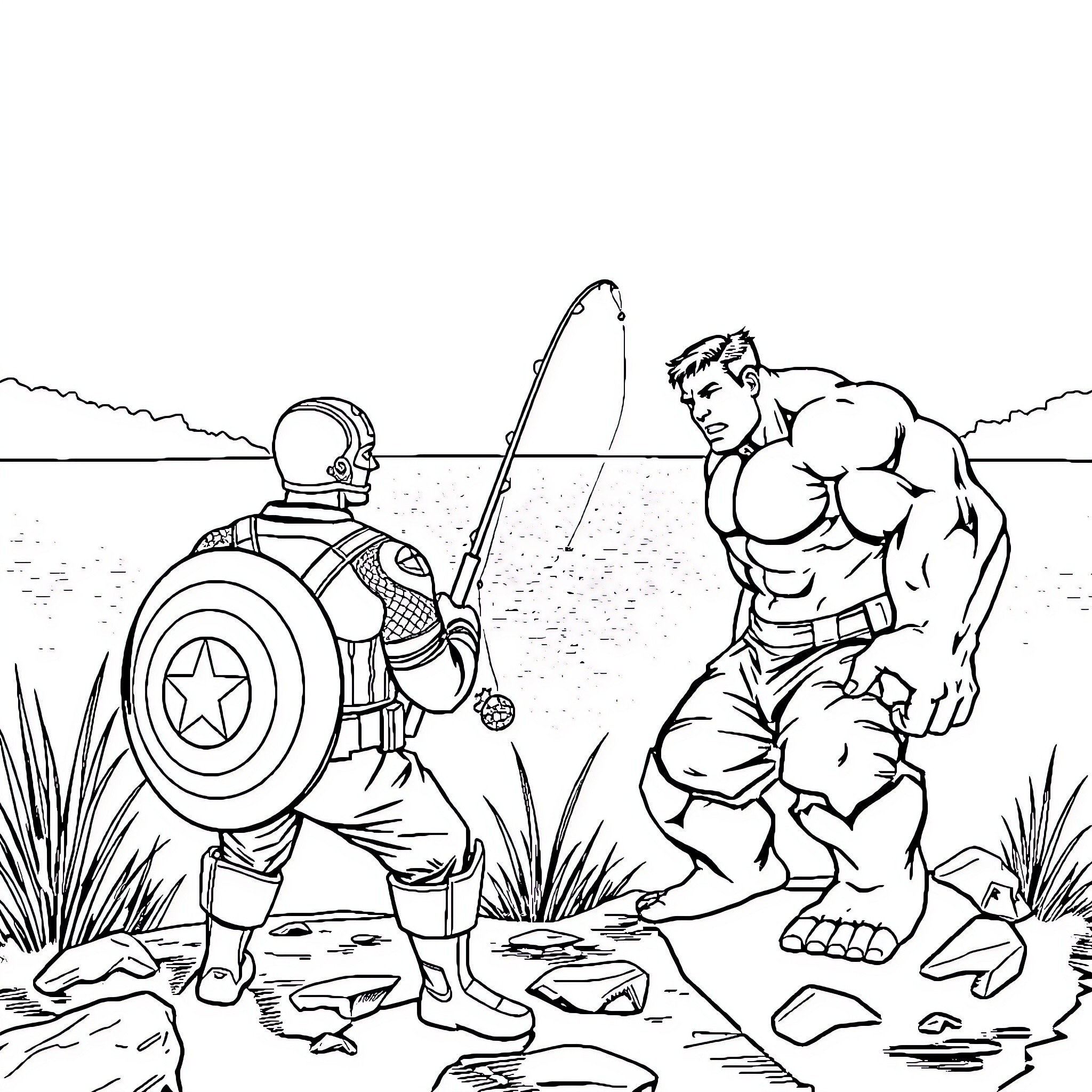 Captain America and Hulk Face Off in Outdoor Battle Coloring Page (free black-and-white line drawing printable PDF for all, from beginners to advanced learners, including children, teens, adults, and seniors)