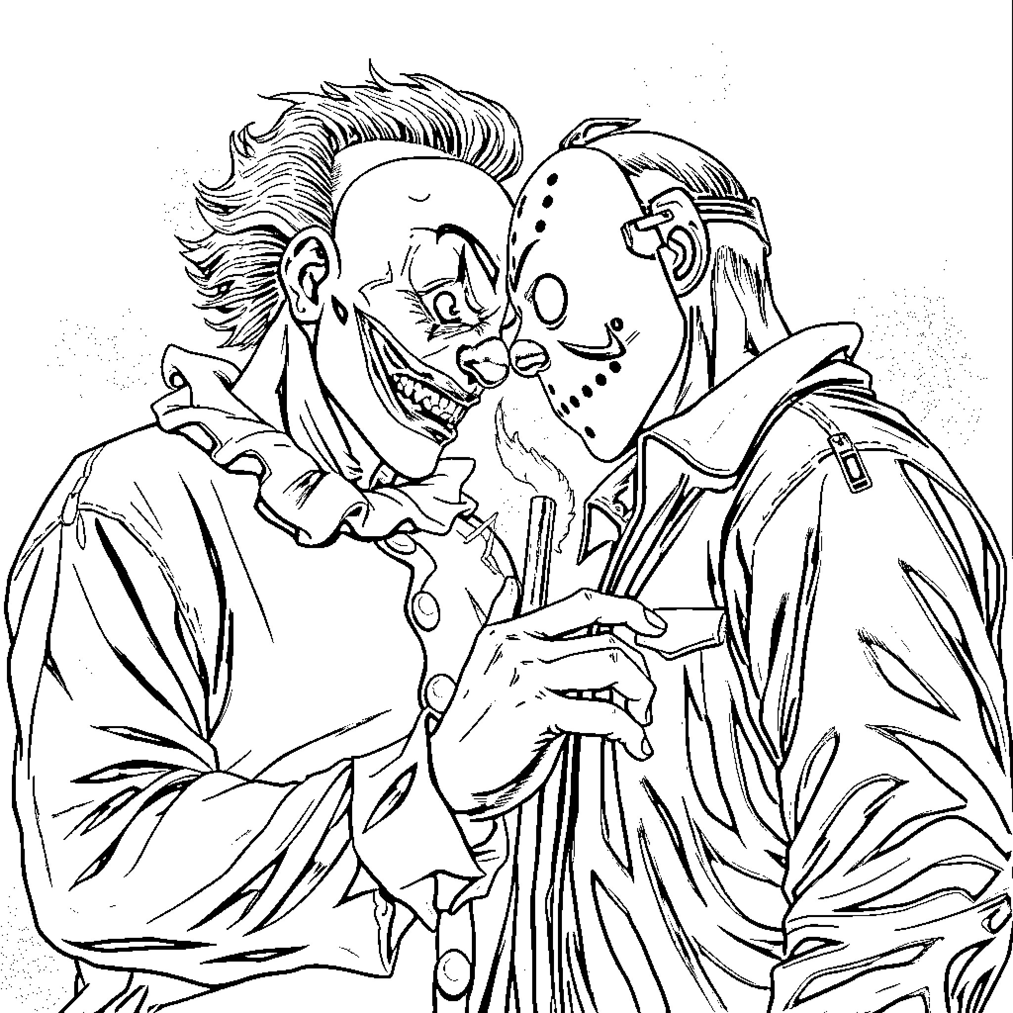 Art depicting two menacing clown figures Coloring Page (free black-and-white line drawing printable PDF for all, from beginners to advanced learners, including children, teens, adults, and seniors)