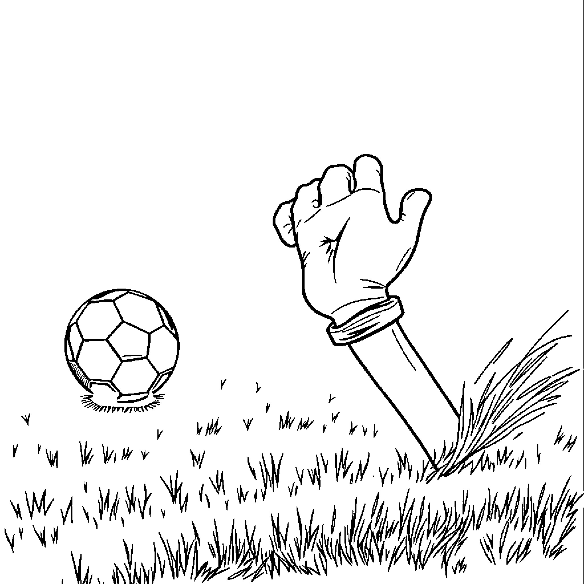 Rubber Hand Kicking Soccer Ball on Grassy Field Coloring Page (free black-and-white line drawing printable PDF for all, from beginners to advanced learners, including children, teens, adults, and seniors)