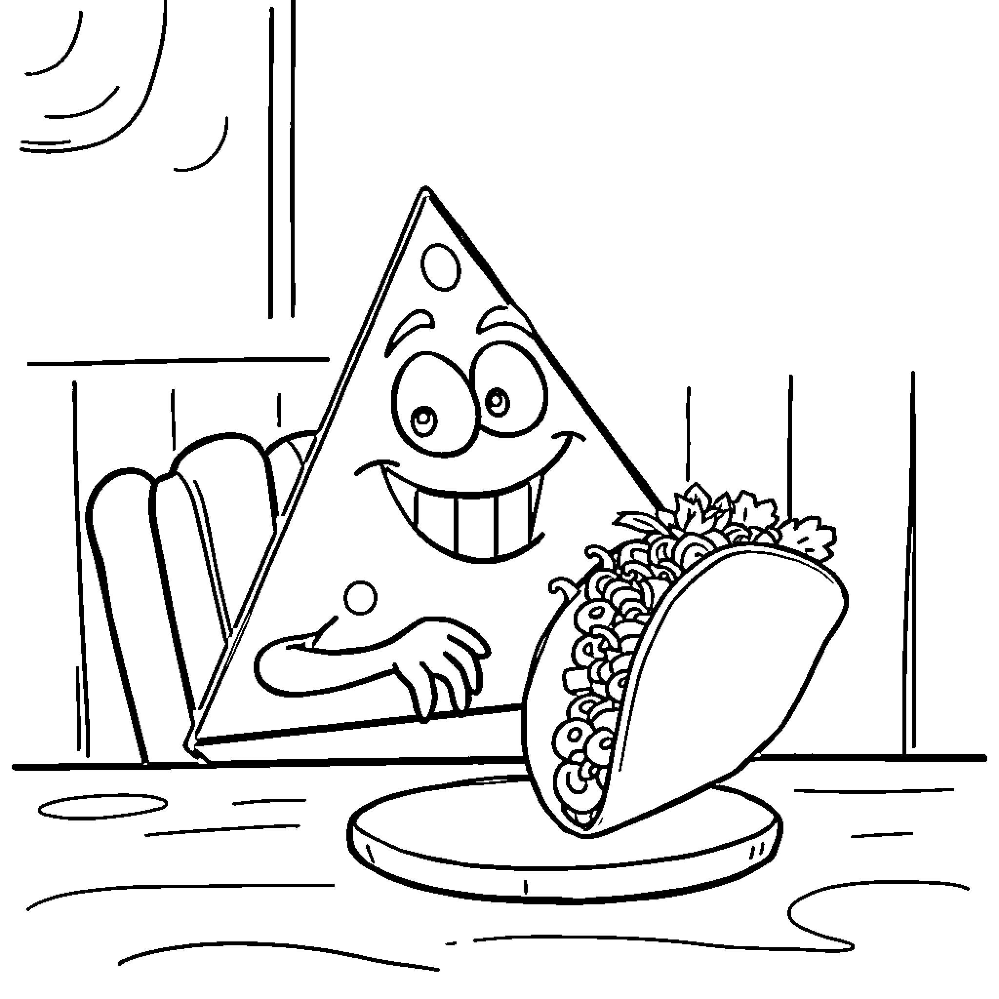 Bill Cipher enjoys a tasty taco meal Coloring Page (free black-and-white line drawing printable PDF for all, from beginners to advanced learners, including children, teens, adults, and seniors)