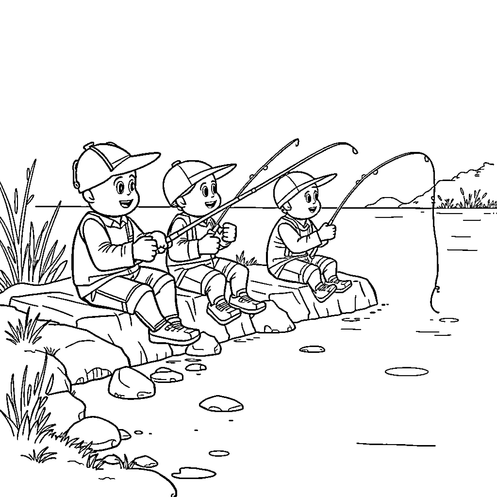 Number of Boys Fishing by the Lake Coloring Page (free black-and-white line drawing printable PDF for all, from beginners to advanced learners, including children, teens, adults, and seniors)
