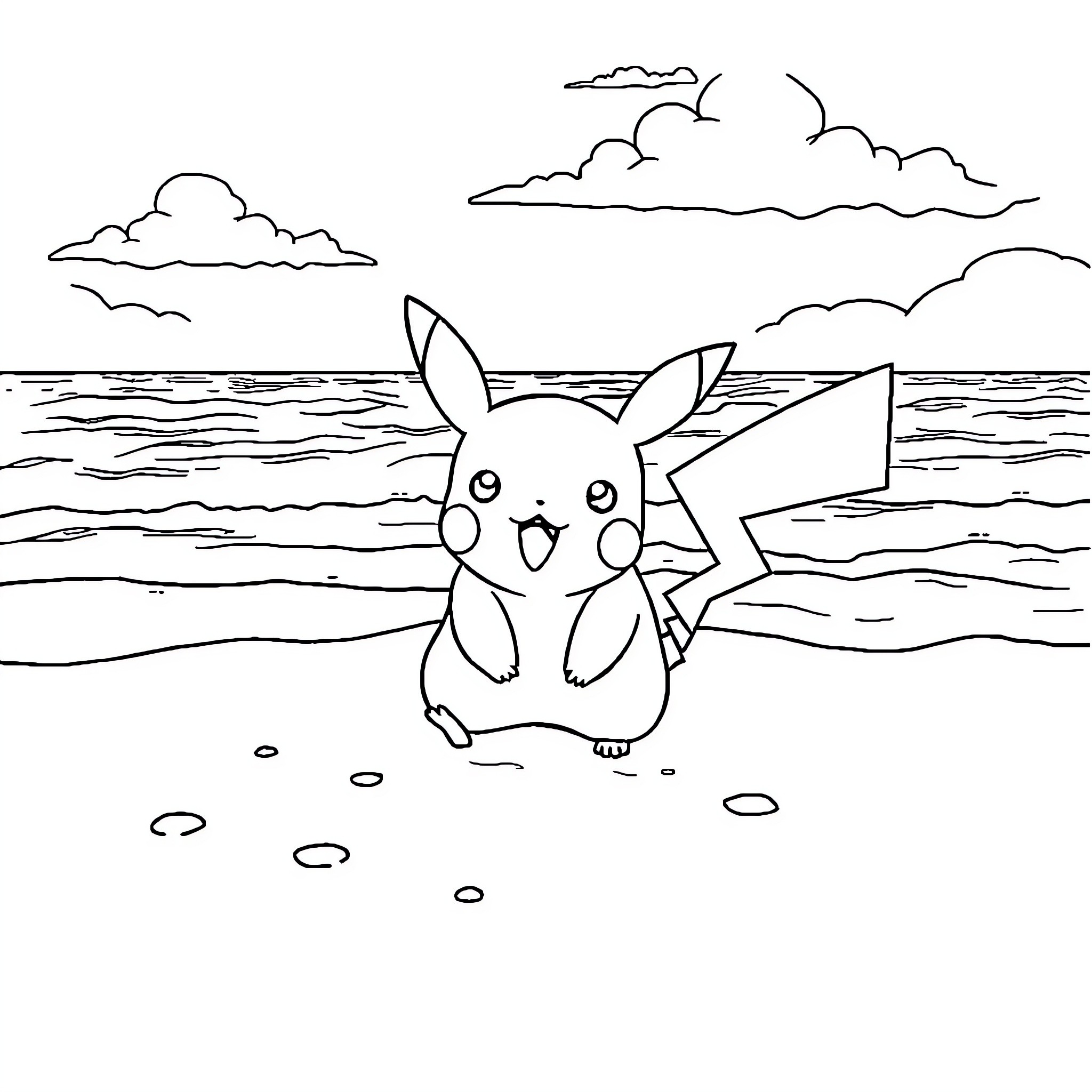 Pikachu enjoying the beach scenery Coloring Page (free black-and-white line drawing printable PDF for all, from beginners to advanced learners, including children, teens, adults, and seniors)