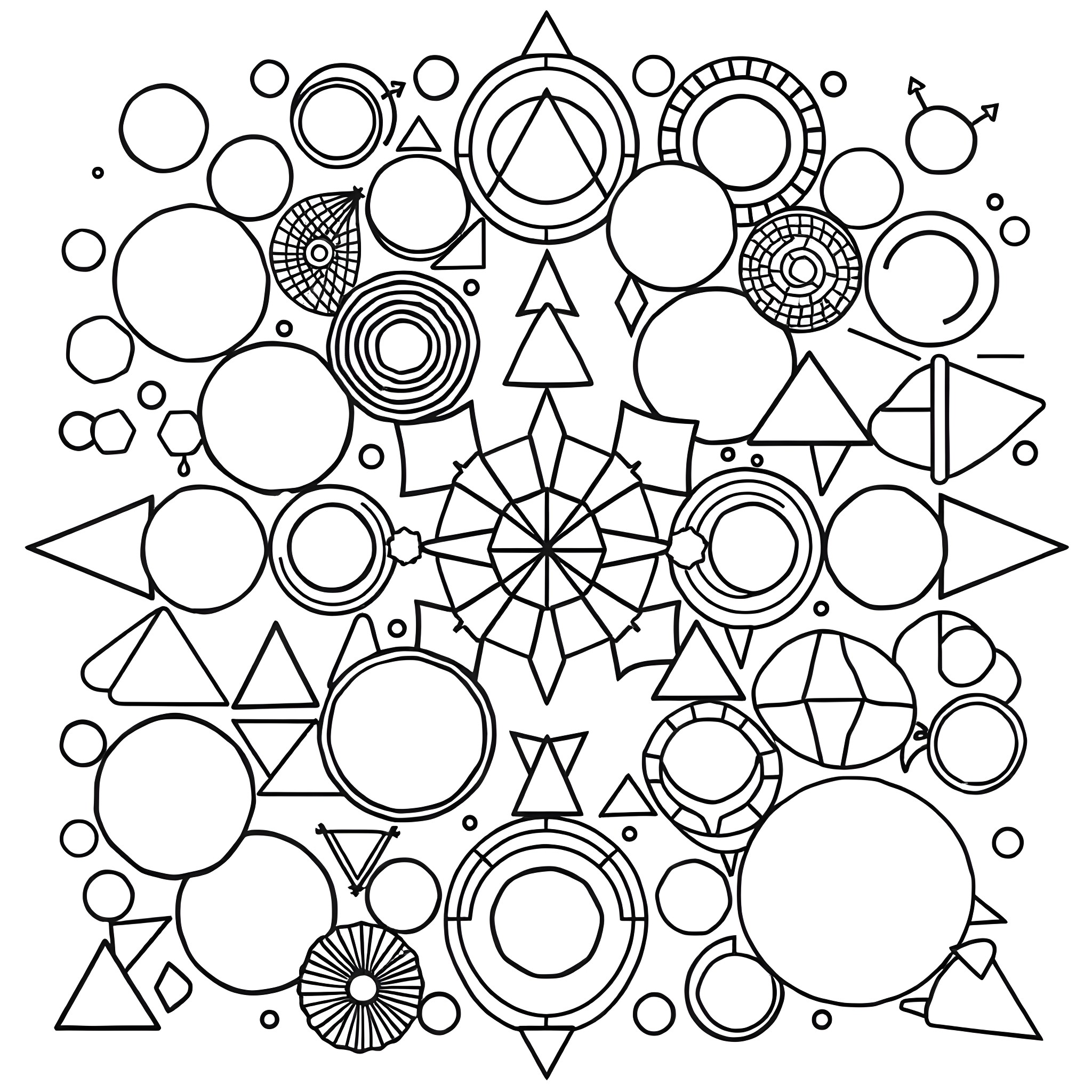 Geometric Shapes in Playful Arrangement Coloring Page (free black-and-white line drawing printable PDF for all, from beginners to advanced learners, including children, teens, adults, and seniors)
