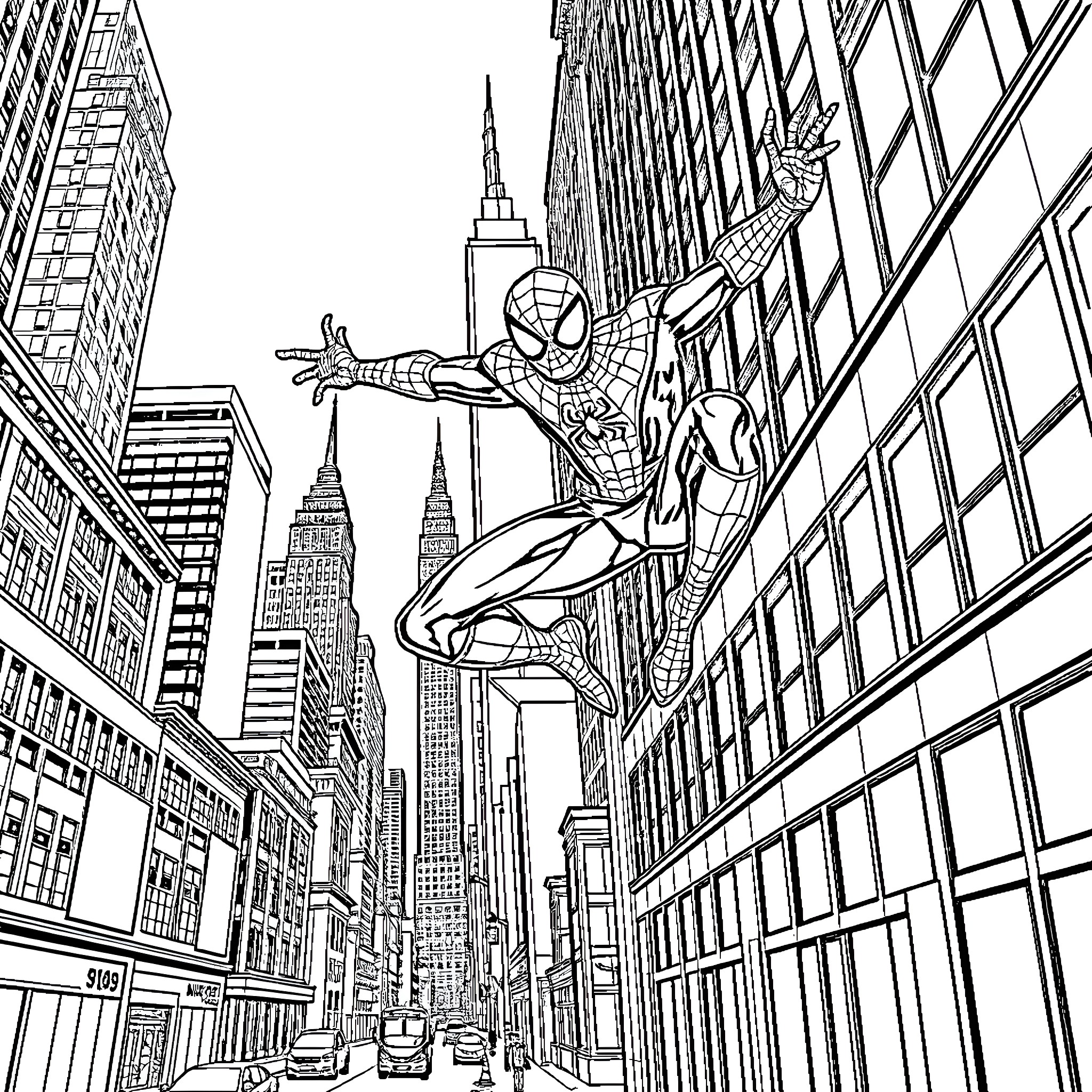 Spider-Man swinging through the city skyline Coloring Page (free black-and-white line drawing printable PDF for all, from beginners to advanced learners, including children, teens, adults, and seniors)