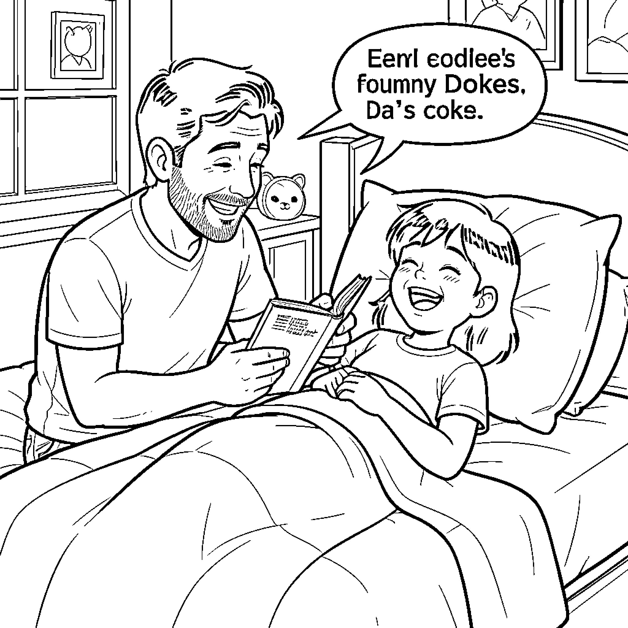 Dad reading a book to a laughing child Coloring Page (free black-and-white line drawing printable PDF for all, from beginners to advanced learners, including children, teens, adults, and seniors)