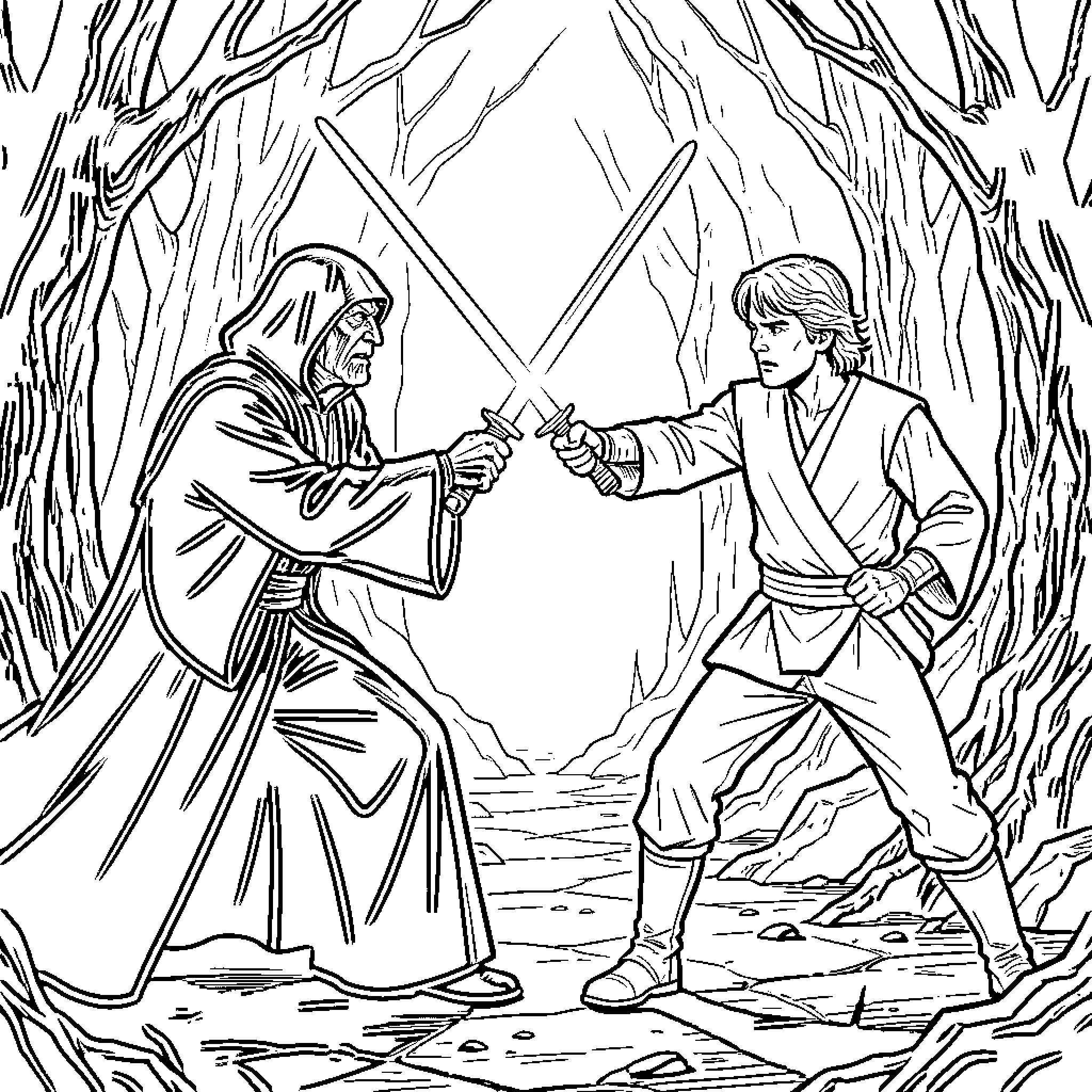 Palpatine dueling a young Jedi with lightsabers Coloring Page (free black-and-white line drawing printable PDF for all, from beginners to advanced learners, including children, teens, adults, and seniors)