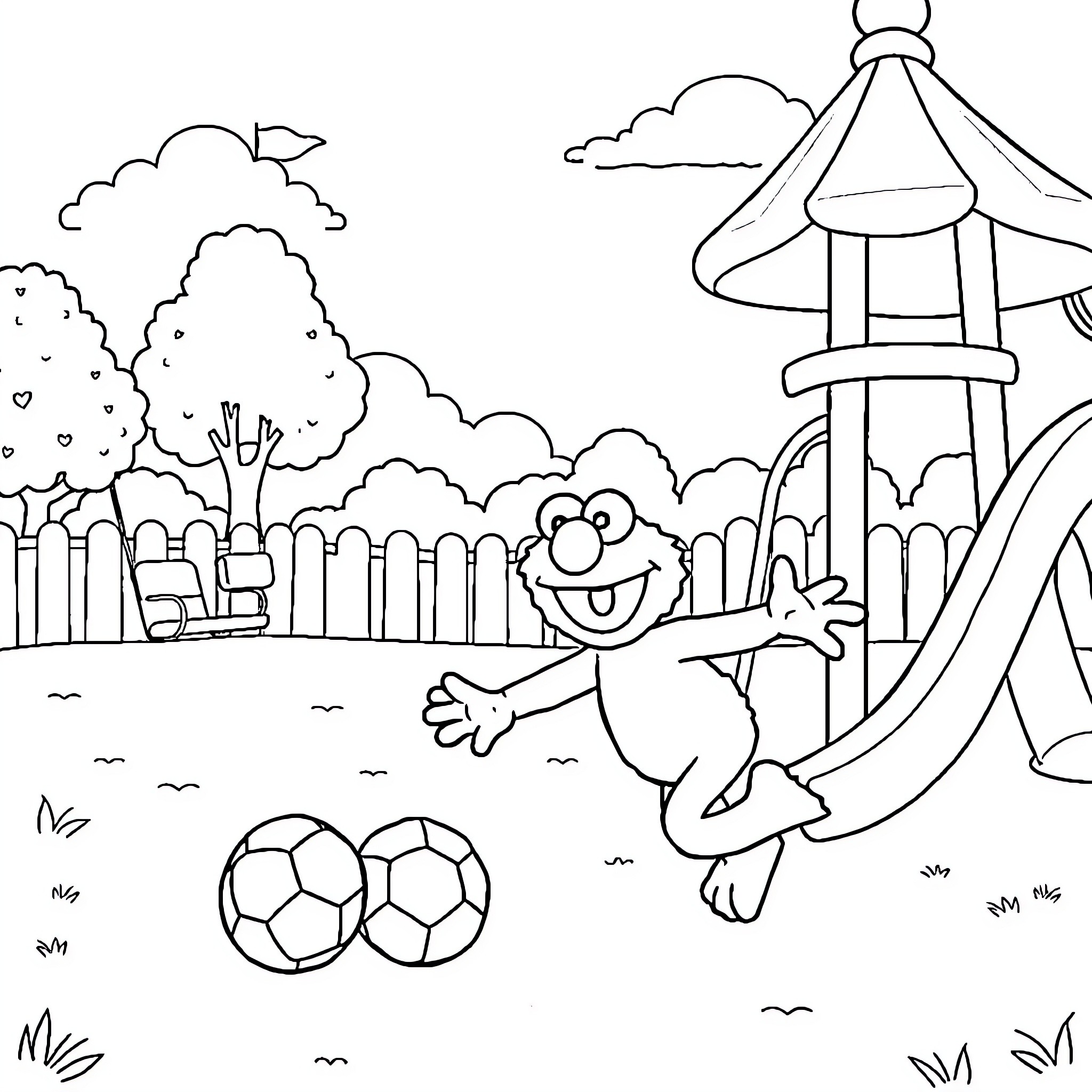 Elmo playing happily with soccer balls in the park Coloring Page (free black-and-white line drawing printable PDF for all, from beginners to advanced learners, including children, teens, adults, and seniors)