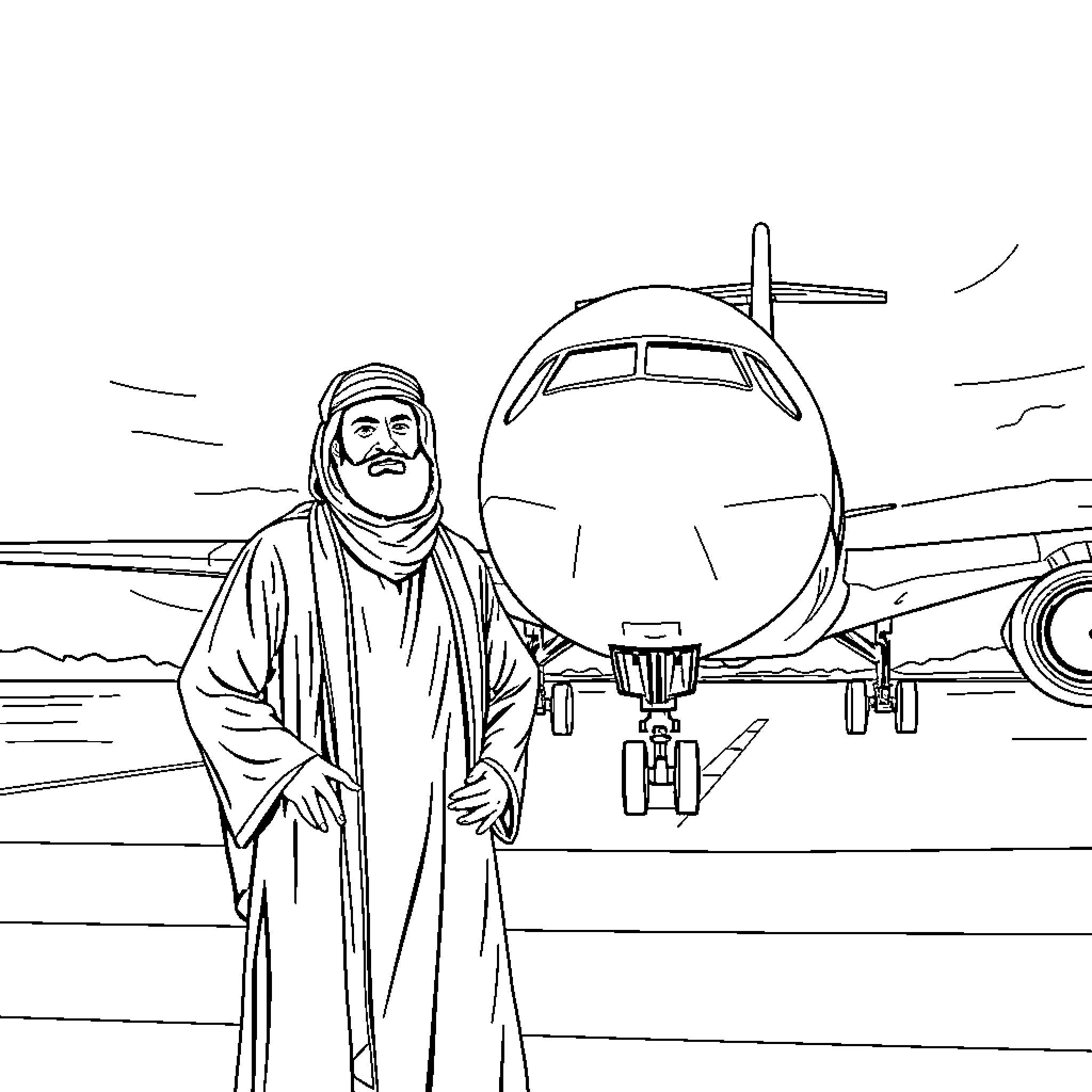 Man standing proudly in front of an airplane Coloring Page (free black-and-white line drawing printable PDF for all, from beginners to advanced learners, including children, teens, adults, and seniors)