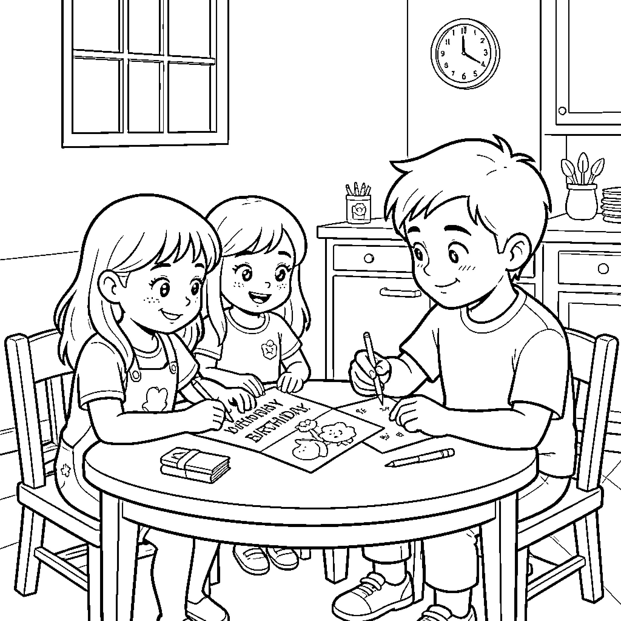Fille and her brother drawing together at a table Coloring Page (free black-and-white line drawing printable PDF for all, from beginners to advanced learners, including children, teens, adults, and seniors)