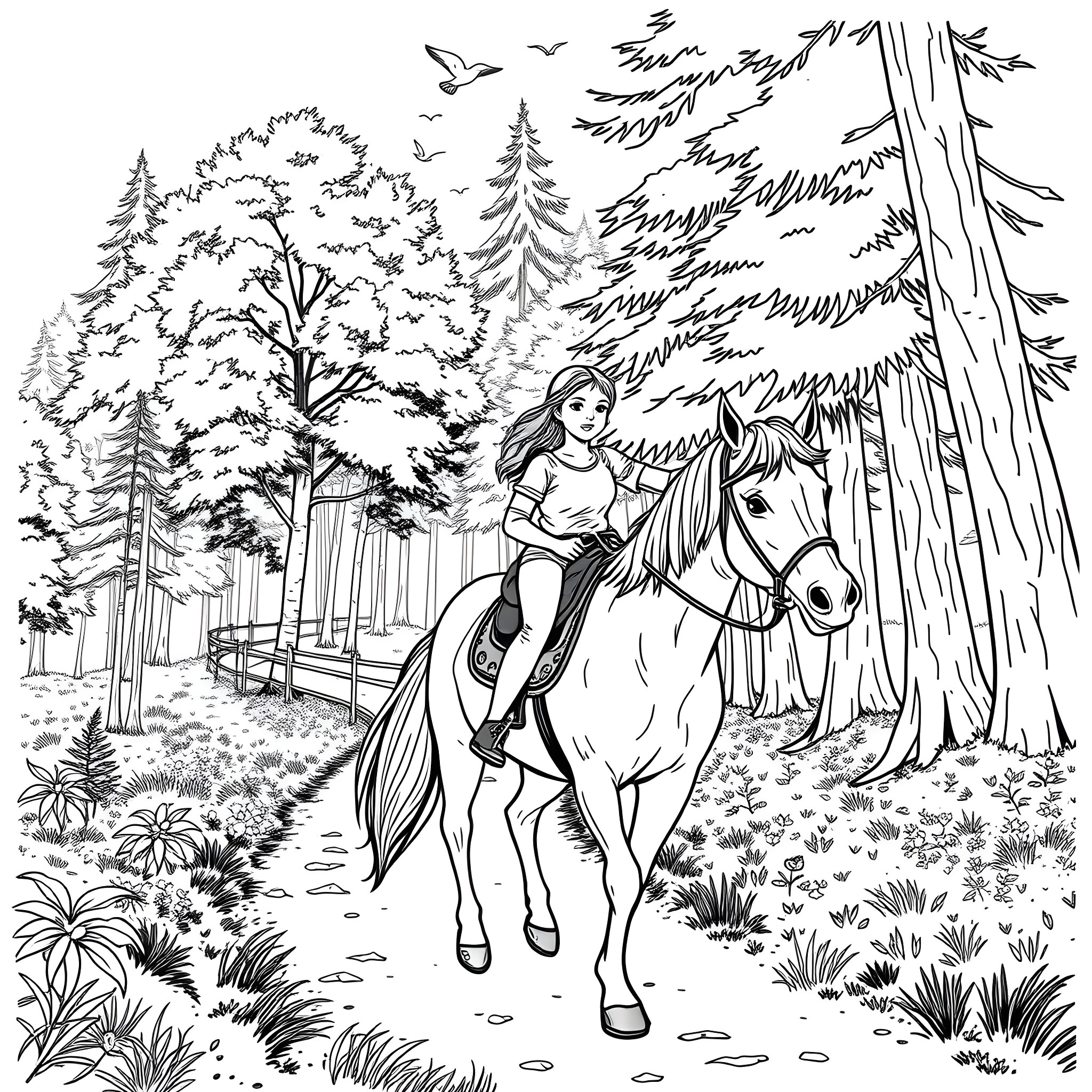 Girl riding horse through a forest landscape Coloring Page (free black-and-white line drawing printable PDF for all, from beginners to advanced learners, including children, teens, adults, and seniors)