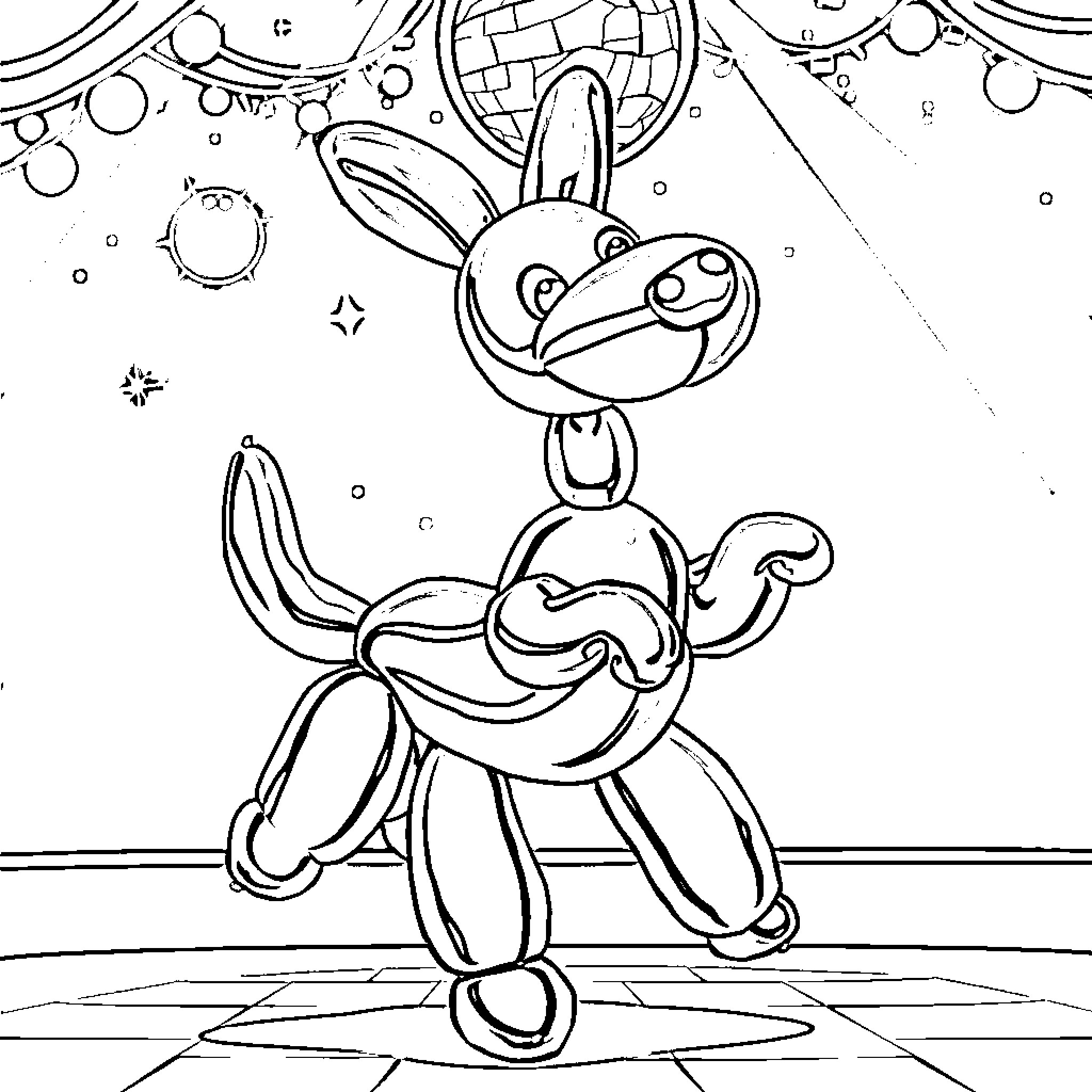 Balloon Dog performing a silly dance Coloring Page (free black-and-white line drawing printable PDF for all, from beginners to advanced learners, including children, teens, adults, and seniors)