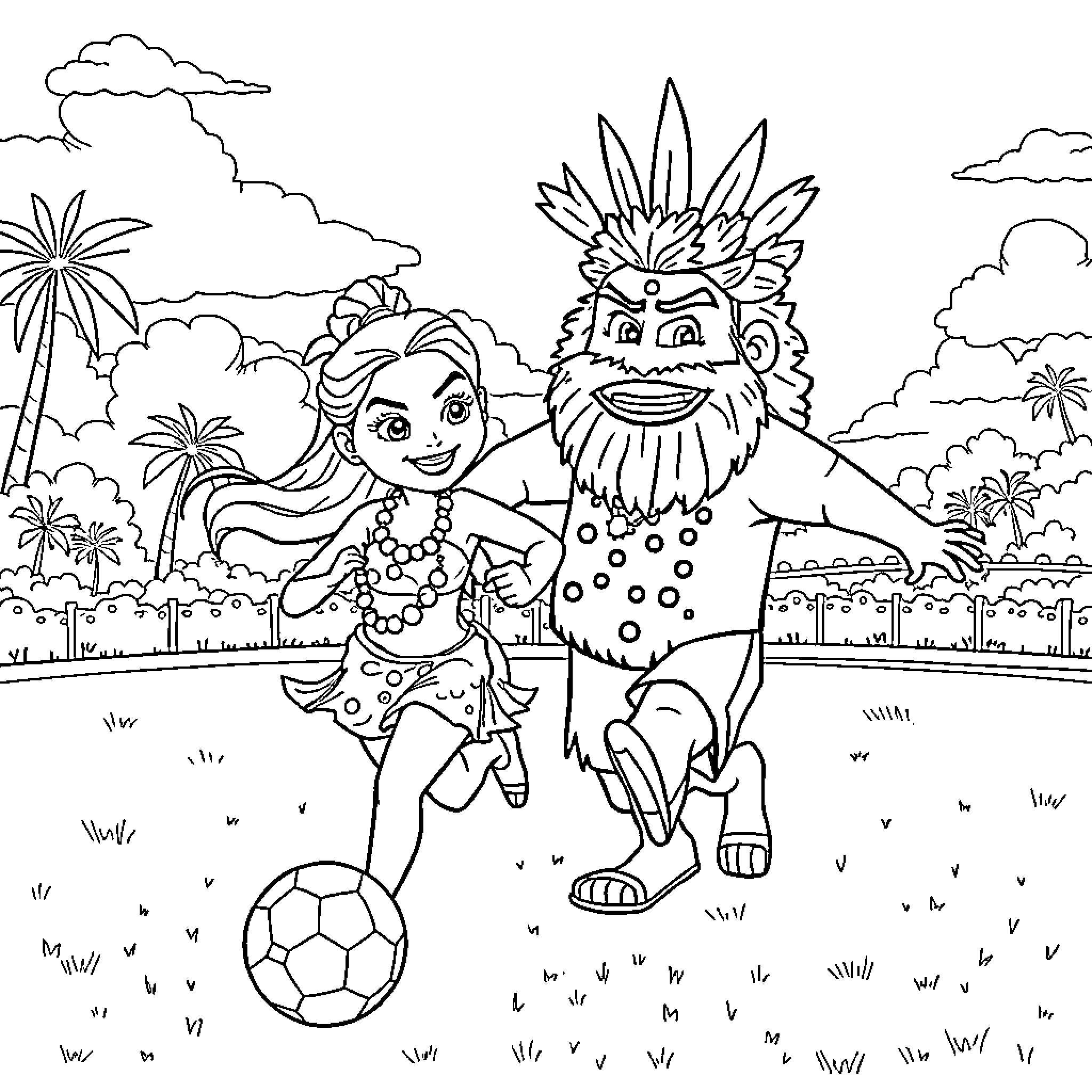 Vaina y Maui playing with a soccer ball in a tropical scene Coloring Page (free black-and-white line drawing printable PDF for all, from beginners to advanced learners, including children, teens, adults, and seniors)