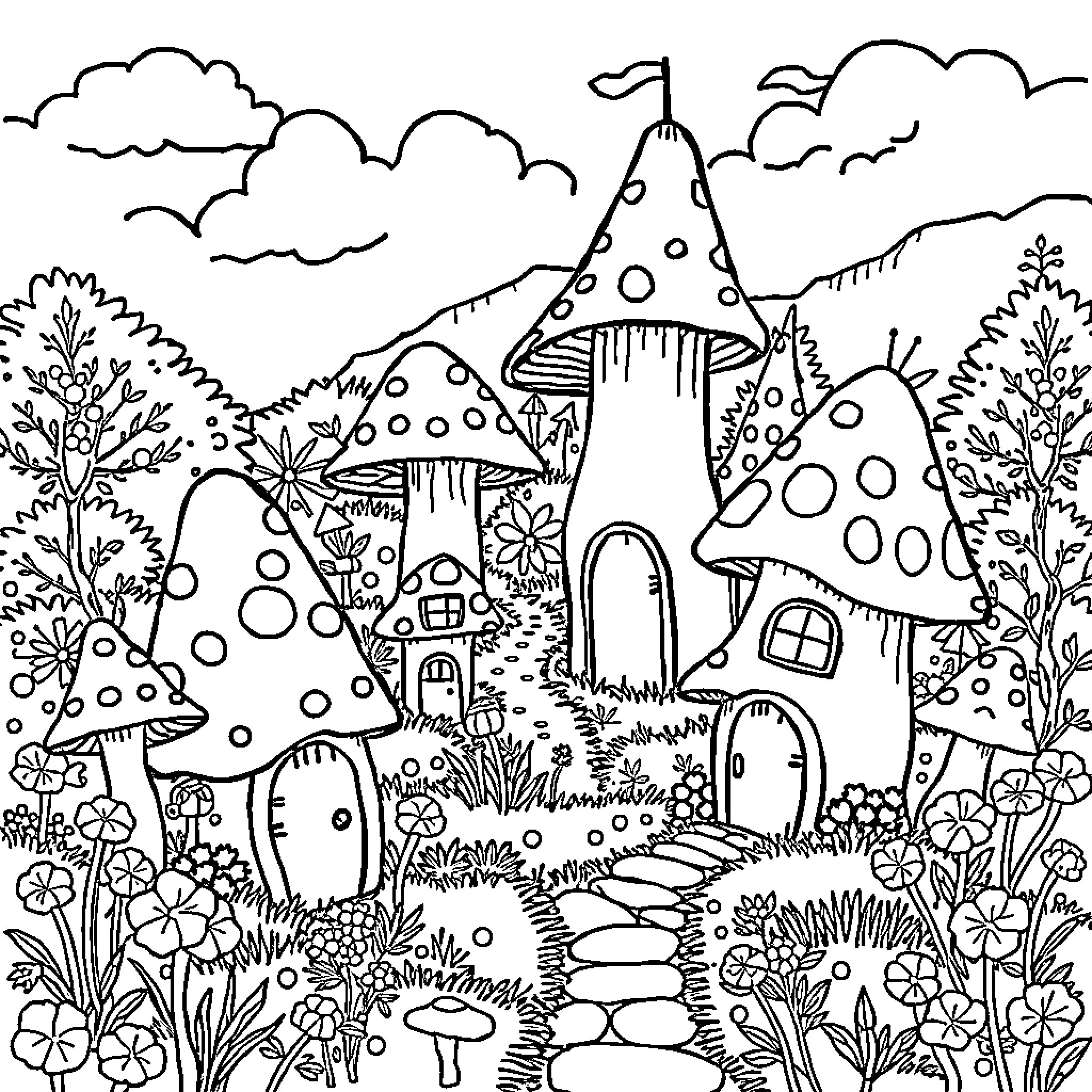 Mushroom Dwellings in Whimsical Woodland Scene Coloring Page (free black-and-white line drawing printable PDF for all, from beginners to advanced learners, including children, teens, adults, and seniors)