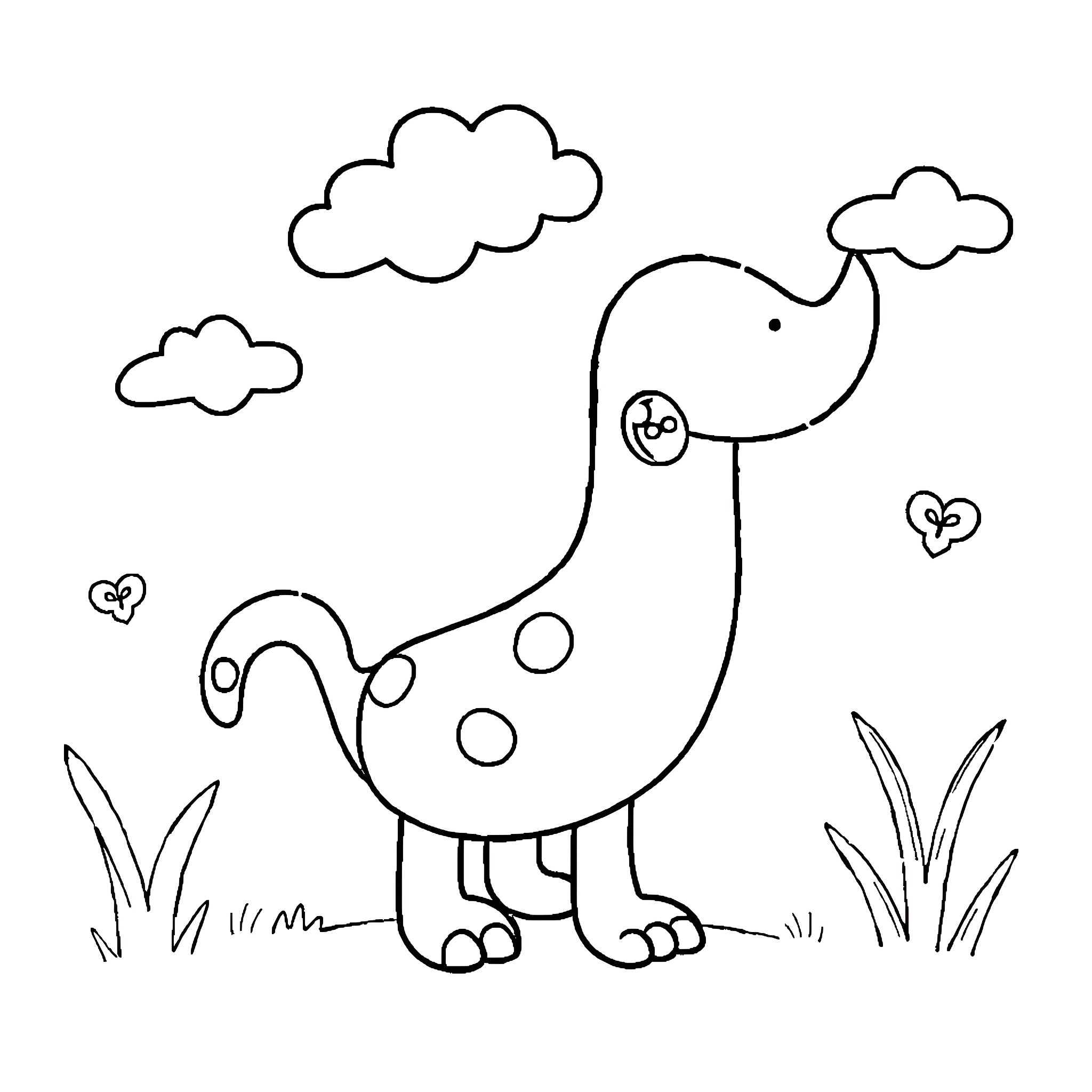 Crayon Dinosaur in a Field of Clouds Coloring Page (free black-and-white line drawing printable PDF for all, from beginners to advanced learners, including children, teens, adults, and seniors)