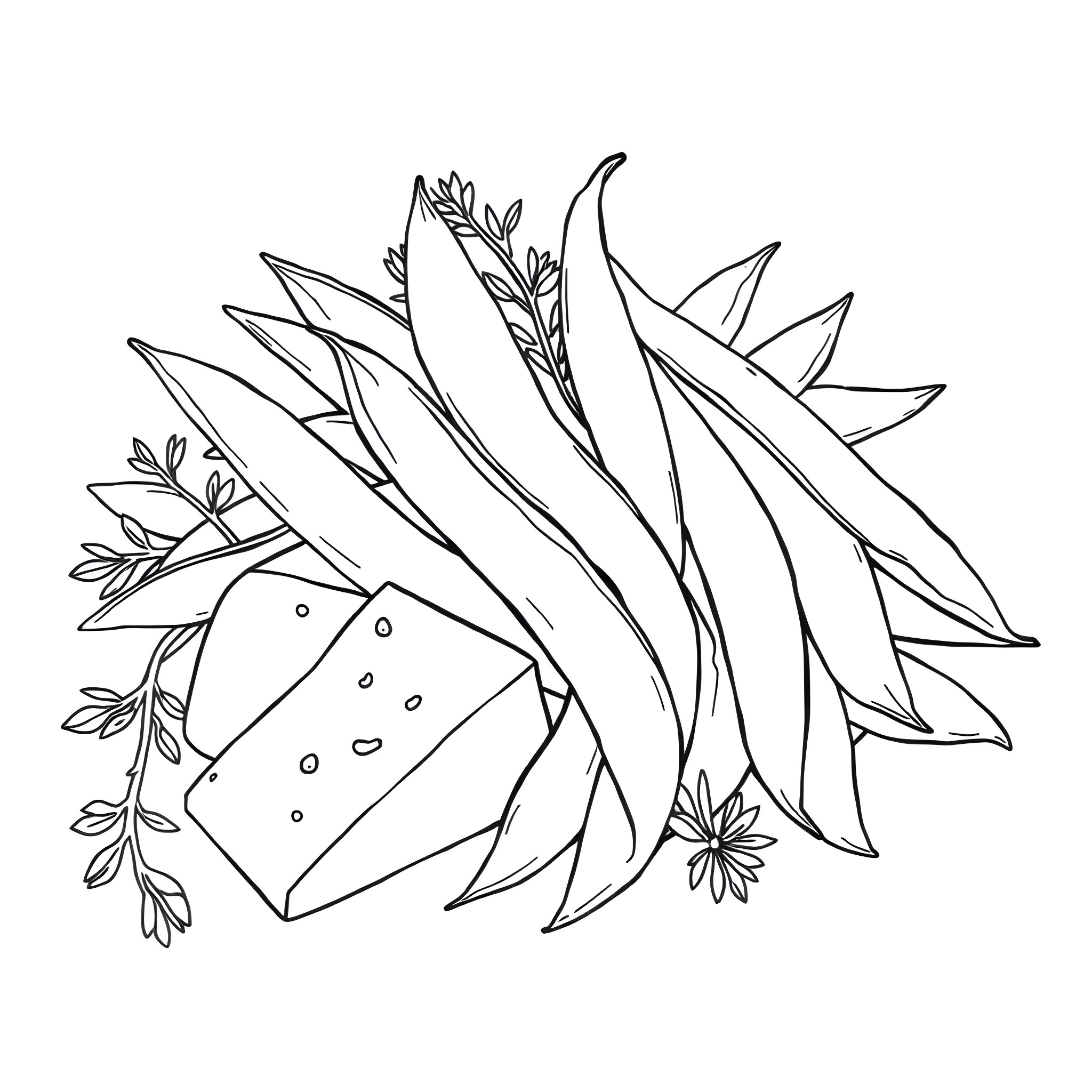Lima Bean Sketch of Whimsical Vegetation Coloring Page (free black-and-white line drawing printable PDF for all, from beginners to advanced learners, including children, teens, adults, and seniors)