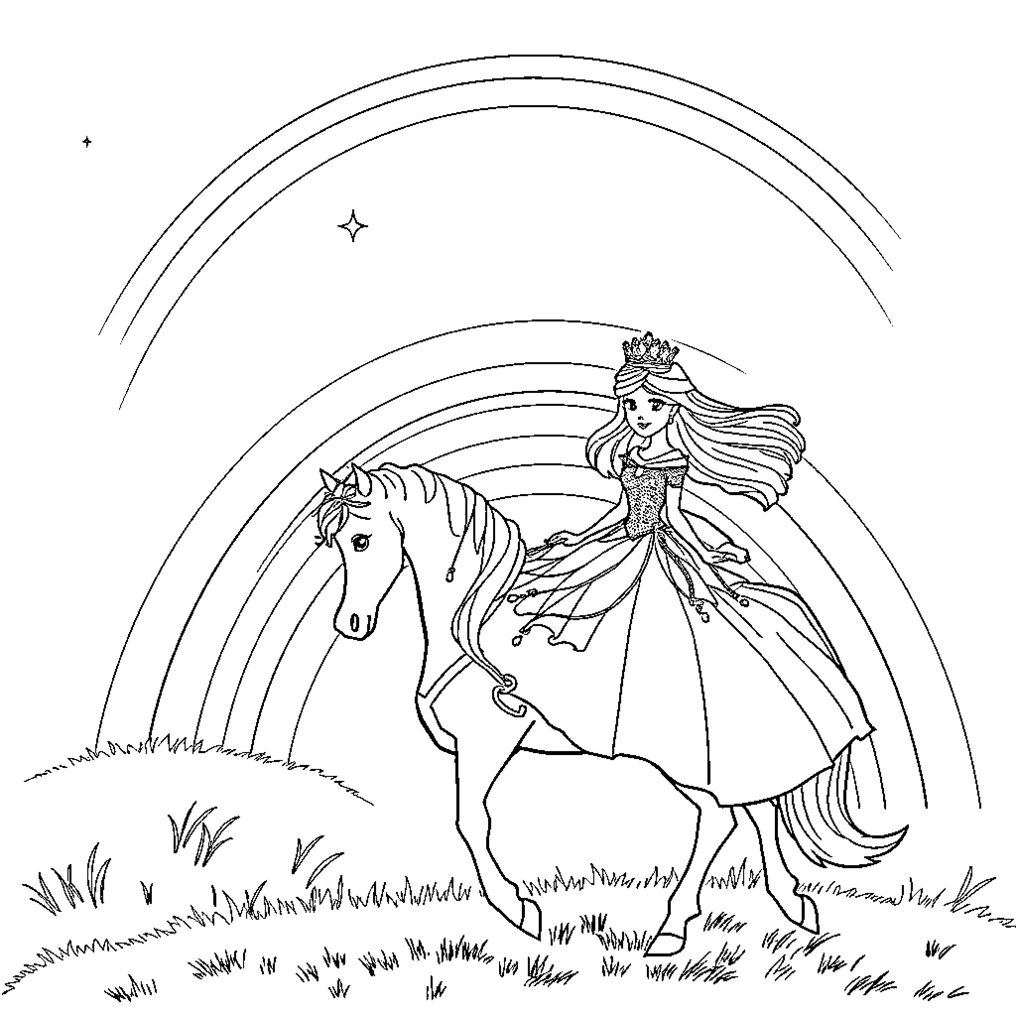 Princess riding a magical unicorn under the rainbow Coloring Page (free black-and-white line drawing printable PDF for all, from beginners to advanced learners, including children, teens, adults, and seniors)