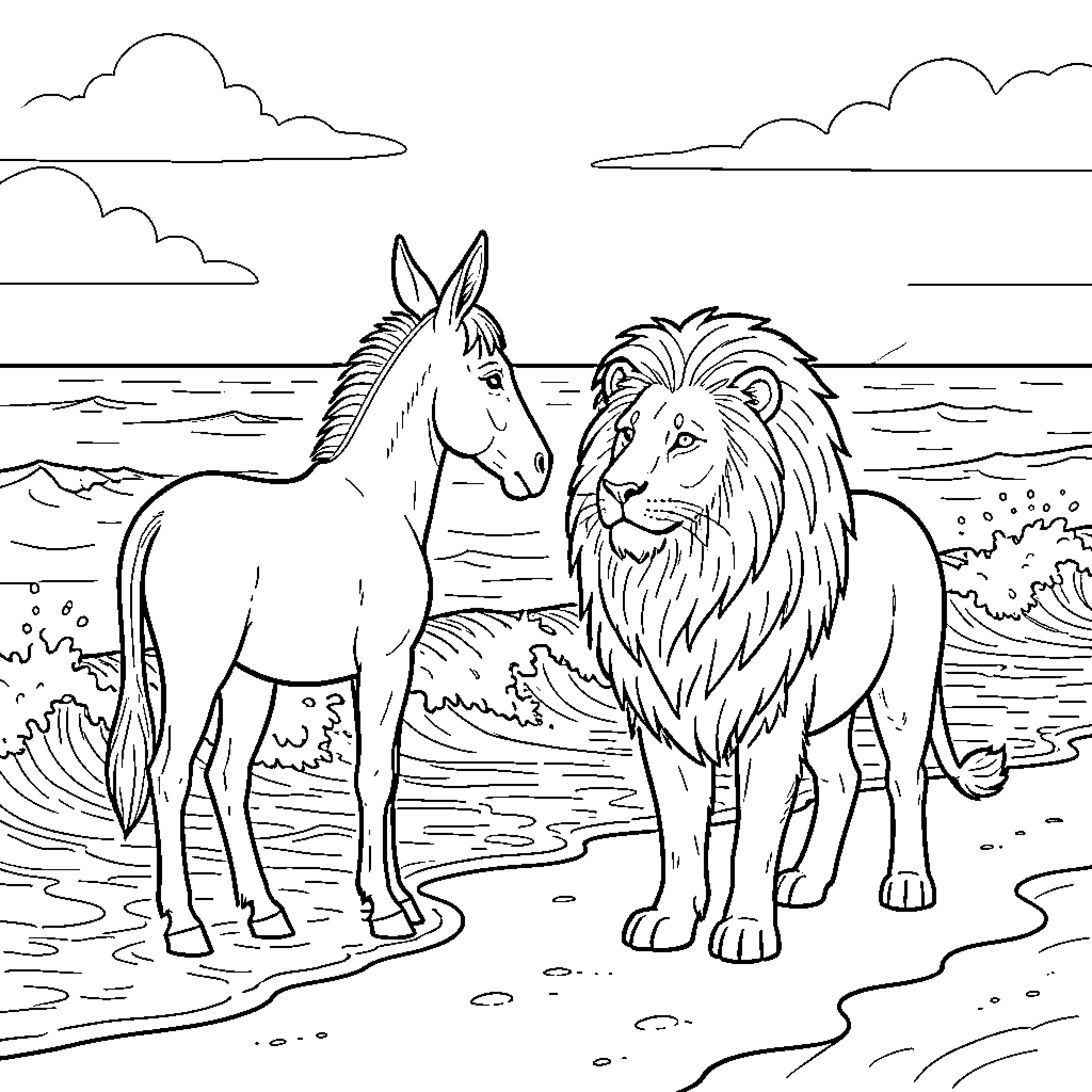 Donkey and lion standing together on a beach Coloring Page (free black-and-white line drawing printable PDF for all, from beginners to advanced learners, including children, teens, adults, and seniors)