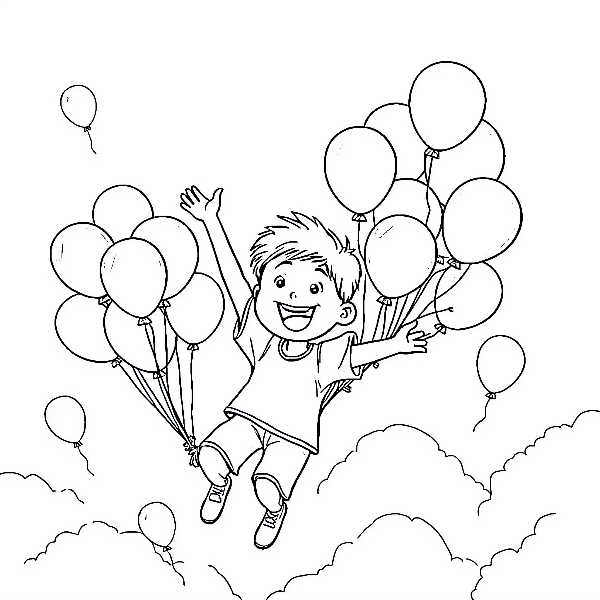 Boy joyfully playing with colorful balloons Coloring Page (free black-and-white line drawing printable PDF for all, from beginners to advanced learners, including children, teens, adults, and seniors)