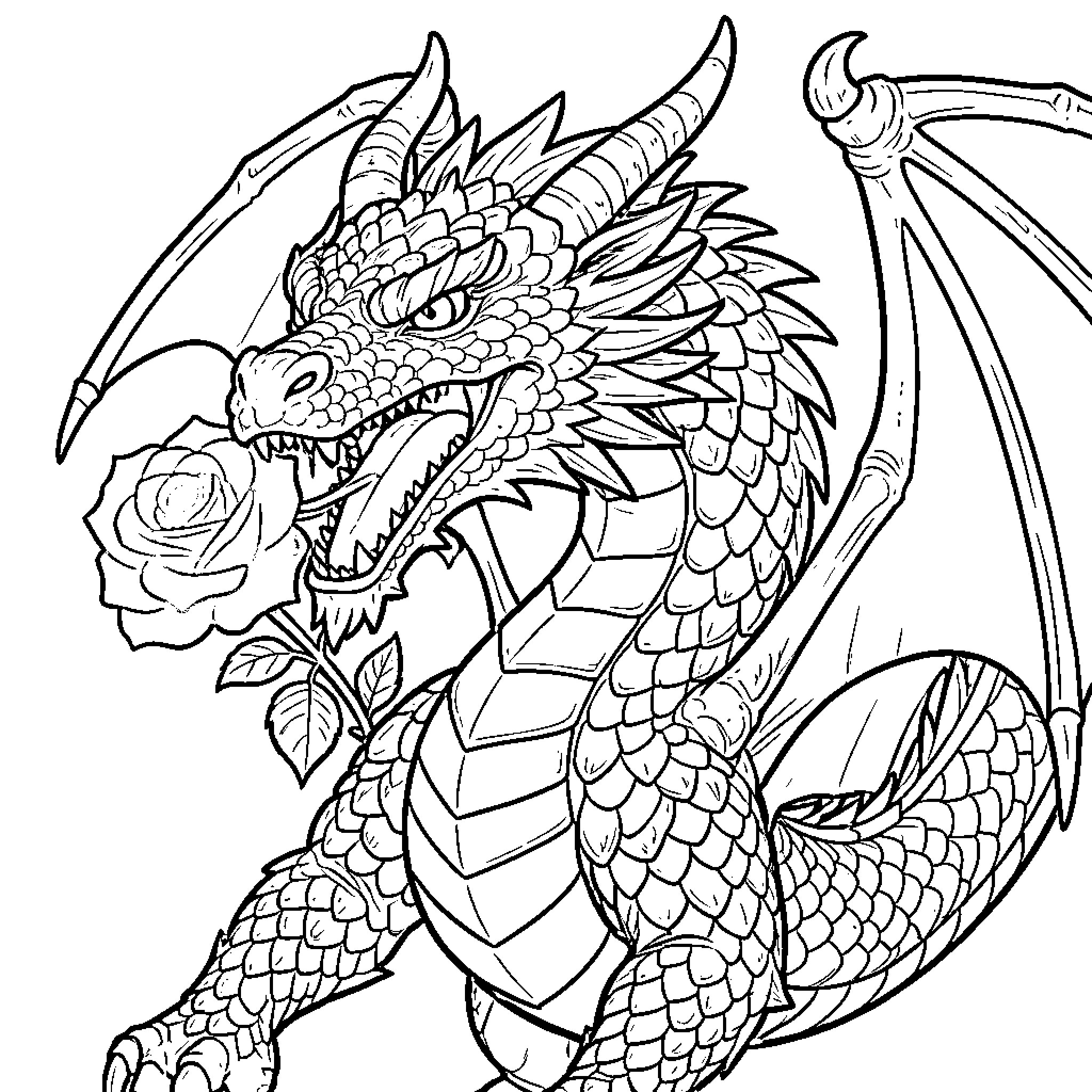 Dragon with Floral Accents Roaring Fiercely Coloring Page (free black-and-white line drawing printable PDF for all, from beginners to advanced learners, including children, teens, adults, and seniors)