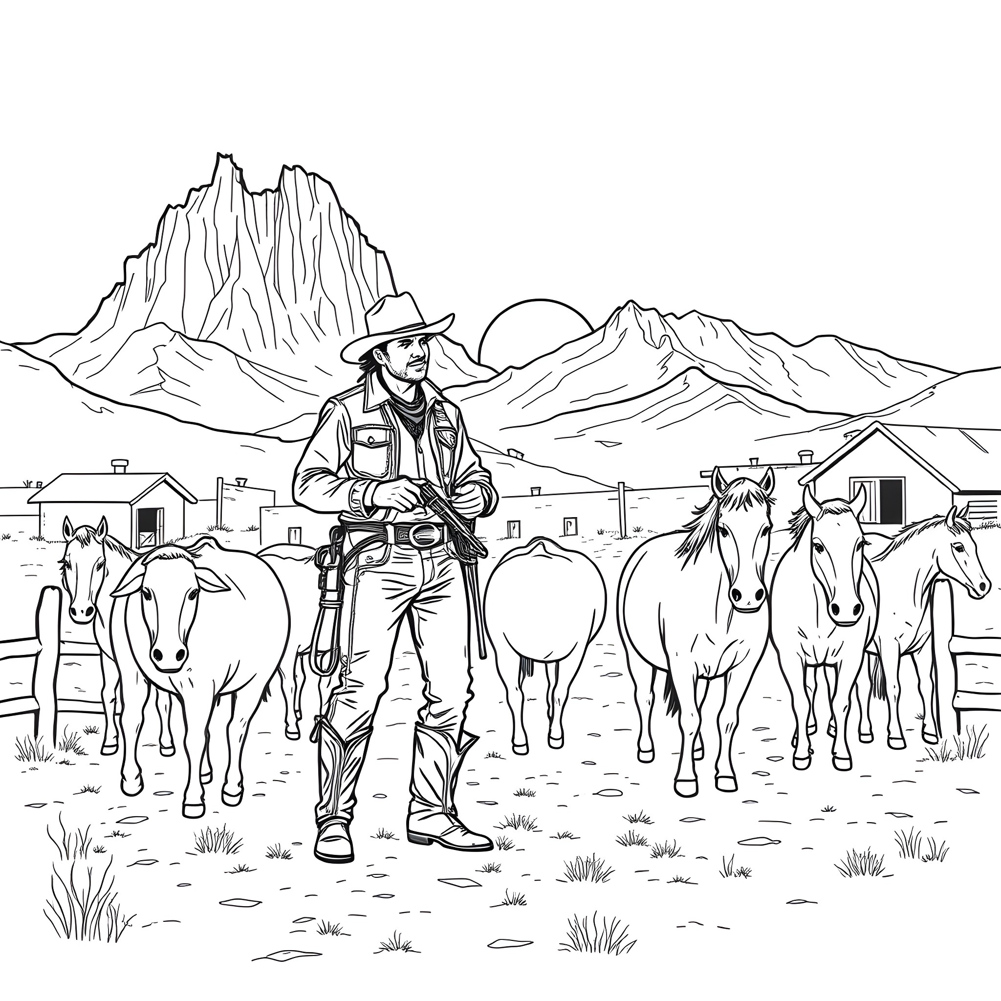 Cowboy herding horses in the western landscape Coloring Page (free black-and-white line drawing printable PDF for all, from beginners to advanced learners, including children, teens, adults, and seniors)