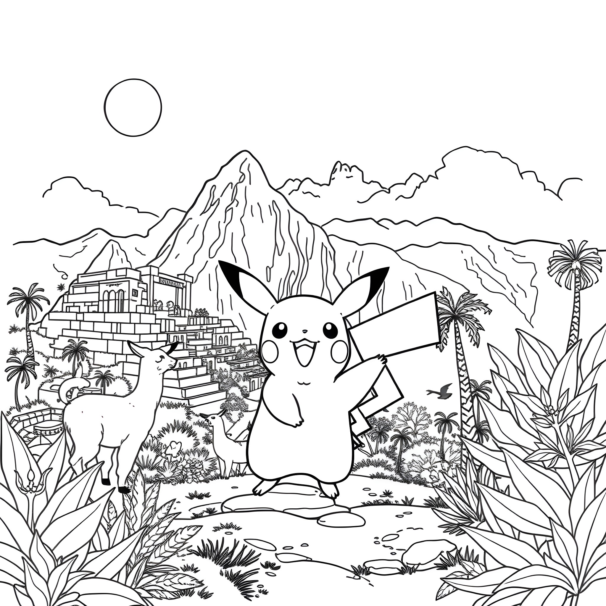 Pikachu exploring the ancient ruins Coloring Page (free black-and-white line drawing printable PDF for all, from beginners to advanced learners, including children, teens, adults, and seniors)