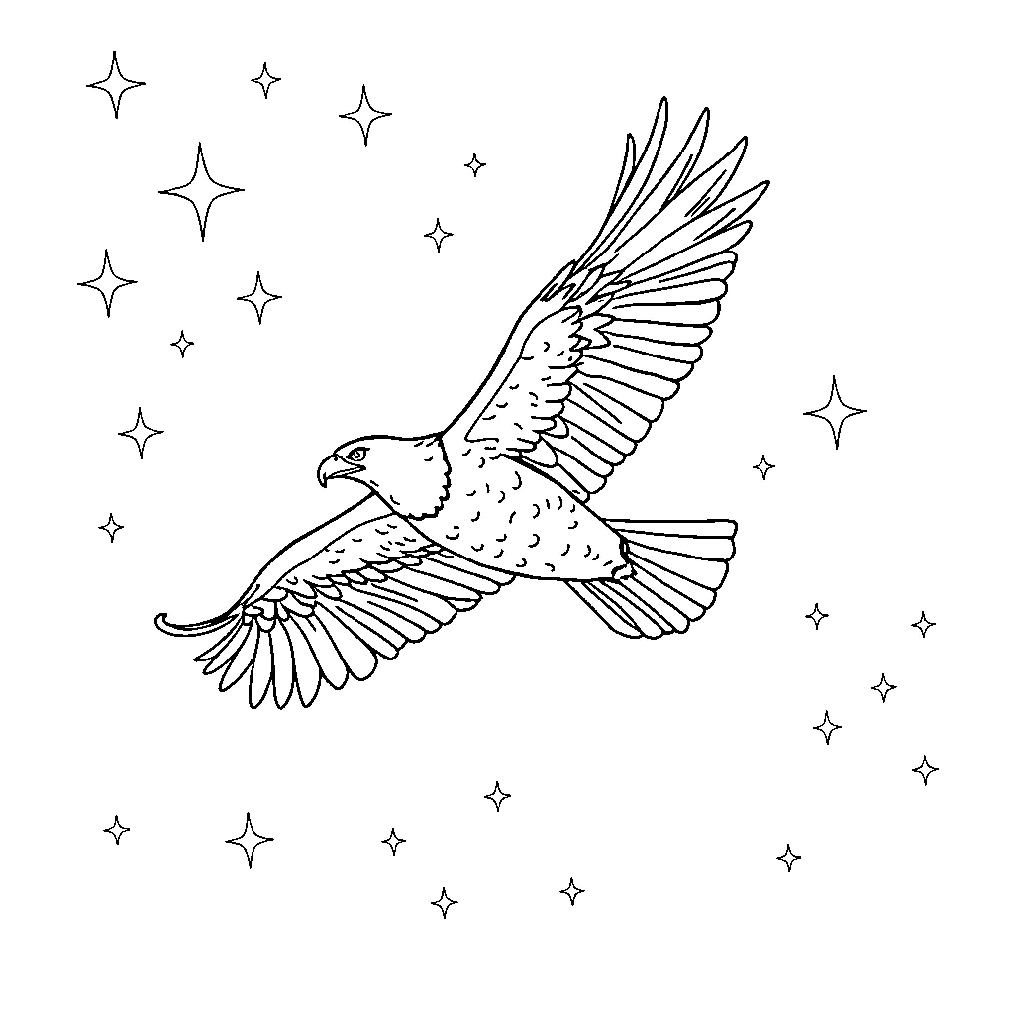 Eagle soaring through the starry night Coloring Page (free black-and-white line drawing printable PDF for all, from beginners to advanced learners, including children, teens, adults, and seniors)