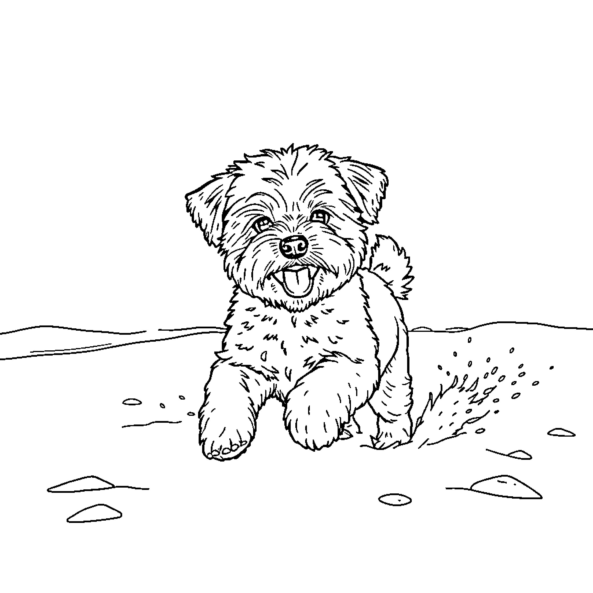 Bichon Frise playing happily in the outdoors Coloring Page (free black-and-white line drawing printable PDF for all, from beginners to advanced learners, including children, teens, adults, and seniors)