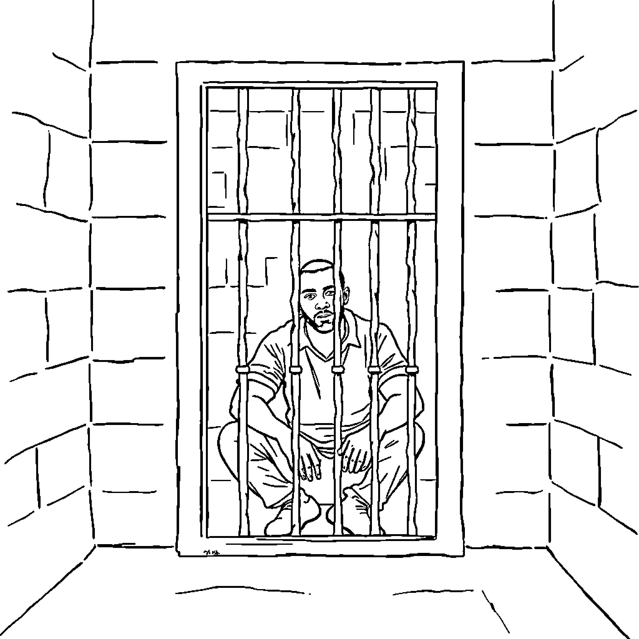 Man Imprisoned Behind Bars Coloring Page (free black-and-white line drawing printable PDF for all, from beginners to advanced learners, including children, teens, adults, and seniors)