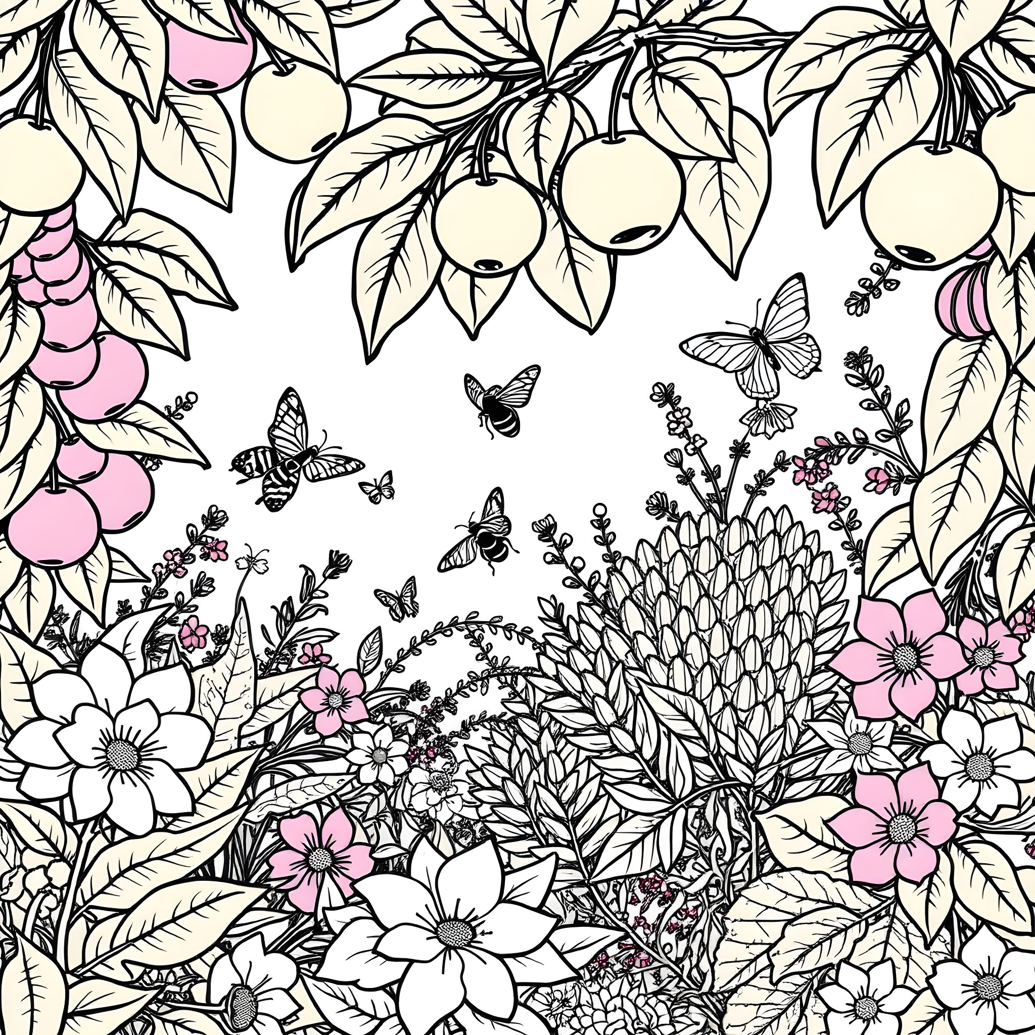Garden filled with blooming flowers and butterflies Coloring Page (free black-and-white line drawing printable PDF for all, from beginners to advanced learners, including children, teens, adults, and seniors)