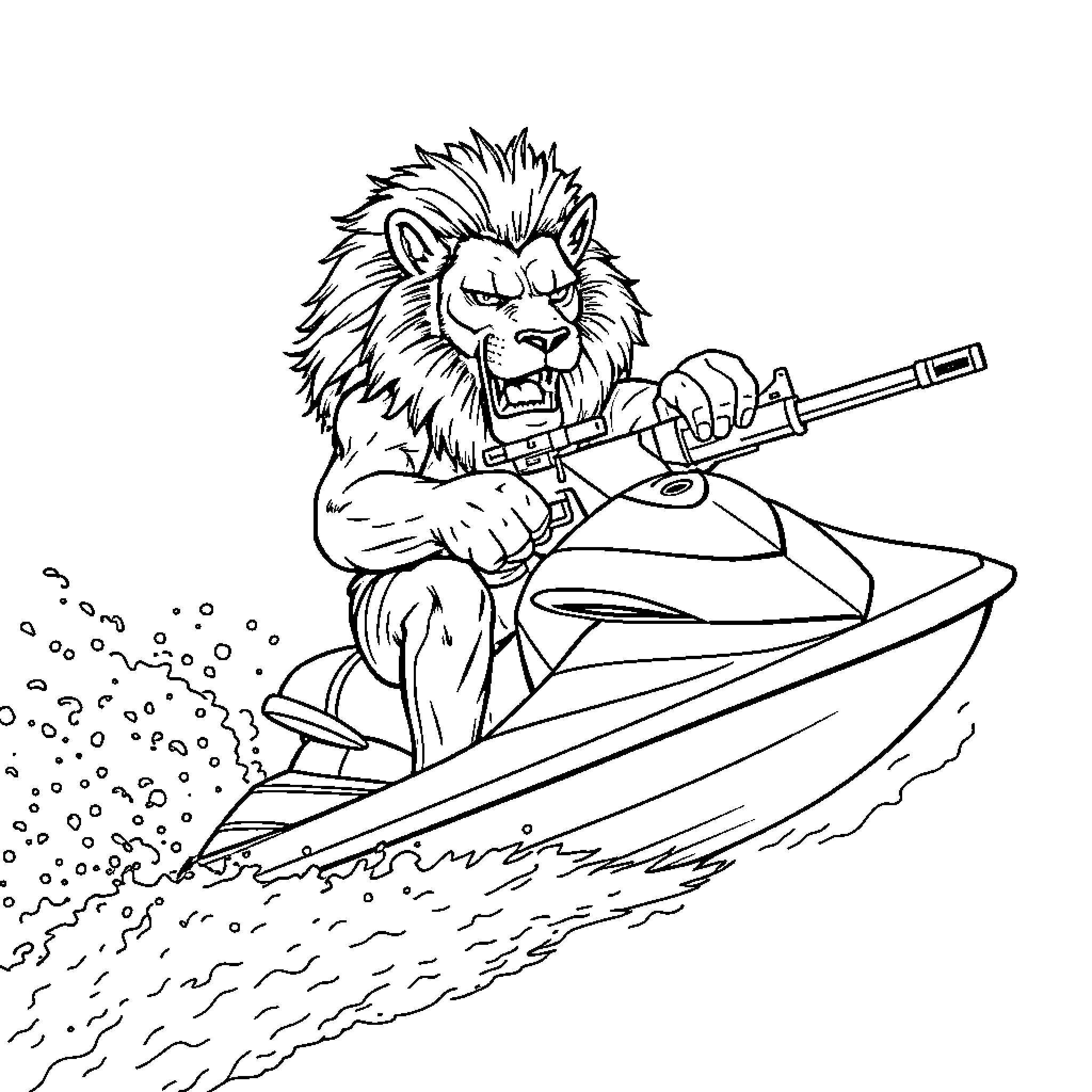 Lion riding a jet ski with determination Coloring Page (free black-and-white line drawing printable PDF for all, from beginners to advanced learners, including children, teens, adults, and seniors)