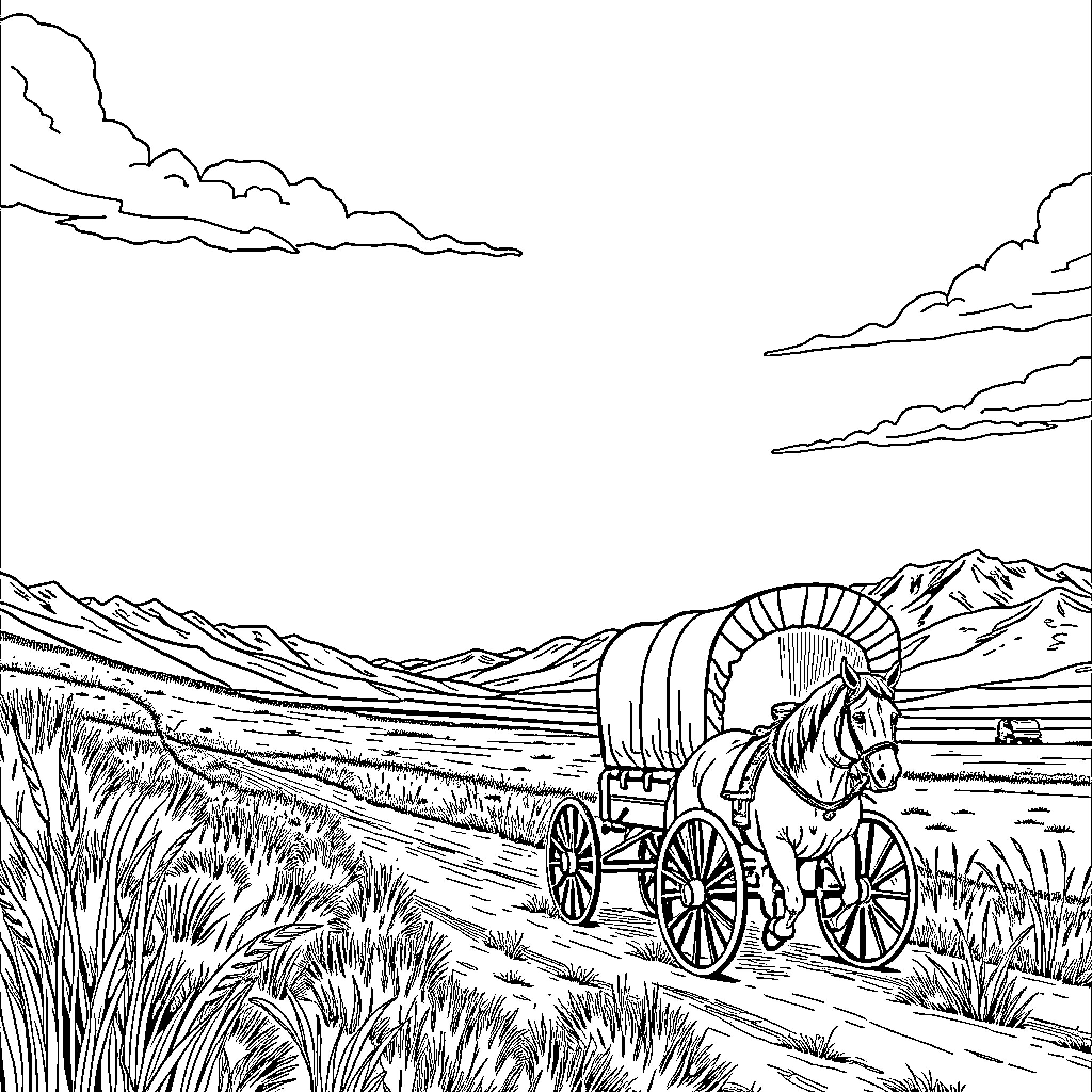 Wagon traversing serene mountain landscape Coloring Page (free black-and-white line drawing printable PDF for all, from beginners to advanced learners, including children, teens, adults, and seniors)