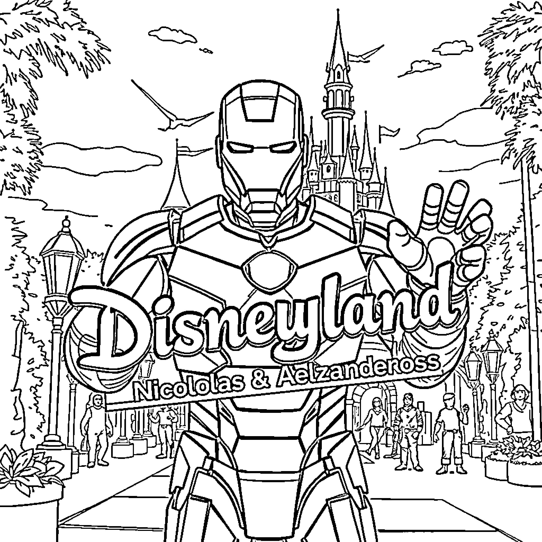 Iron Man exploring the fantastical Disneyland Coloring Page (free black-and-white line drawing printable PDF for all, from beginners to advanced learners, including children, teens, adults, and seniors)