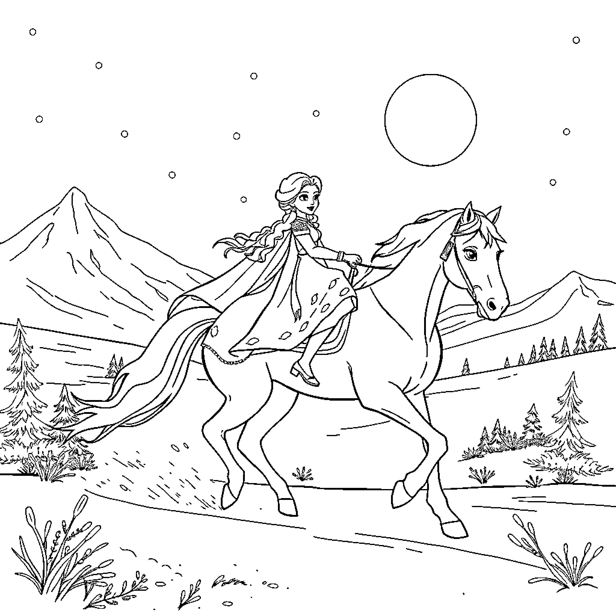 Elsa riding a horse through the snowy mountains Coloring Page (free black-and-white line drawing printable PDF for all, from beginners to advanced learners, including children, teens, adults, and seniors)