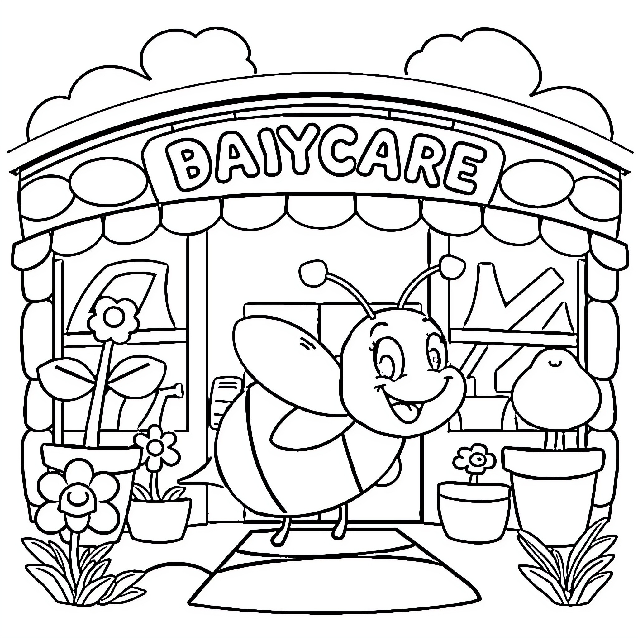 Bee Enjoying Activities at Daycare Coloring Page (free black-and-white line drawing printable PDF for all, from beginners to advanced learners, including children, teens, adults, and seniors)
