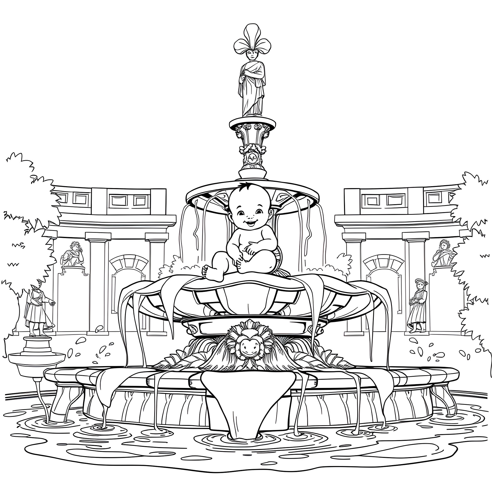 Baby playing joyfully in a decorative fountain Coloring Page (free black-and-white line drawing printable PDF for all, from beginners to advanced learners, including children, teens, adults, and seniors)