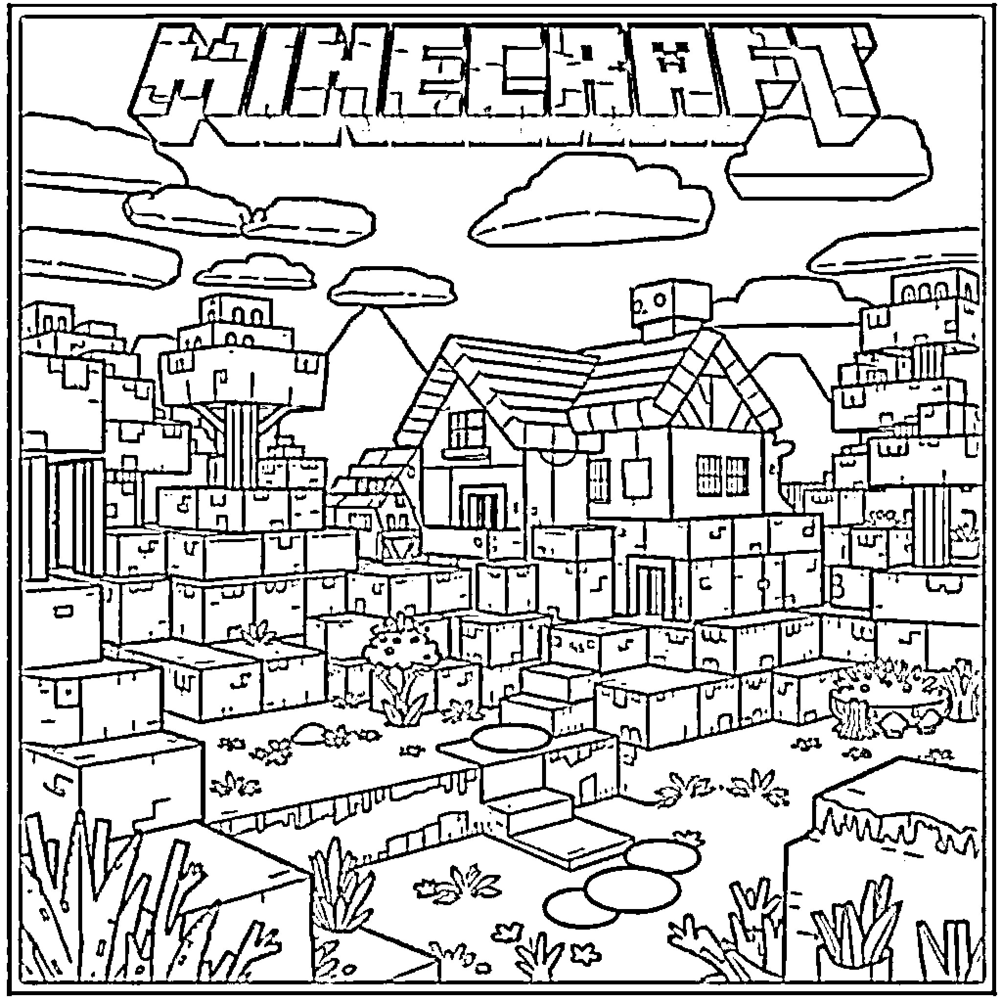Minecraft Cityscape with Clouds and Terrain Coloring Page (free black-and-white line drawing printable PDF for all, from beginners to advanced learners, including children, teens, adults, and seniors)