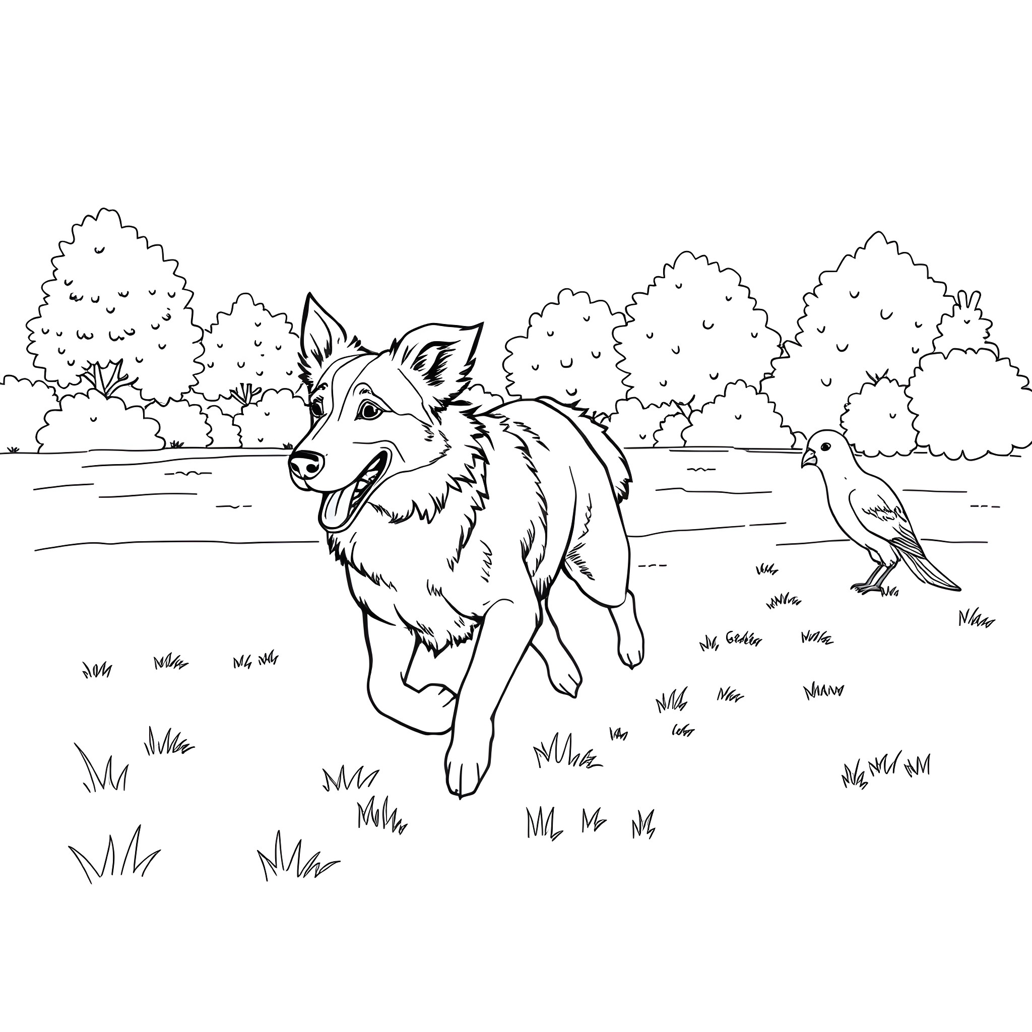 Border Collie running happily in a nature scene Coloring Page (free black-and-white line drawing printable PDF for all, from beginners to advanced learners, including children, teens, adults, and seniors)
