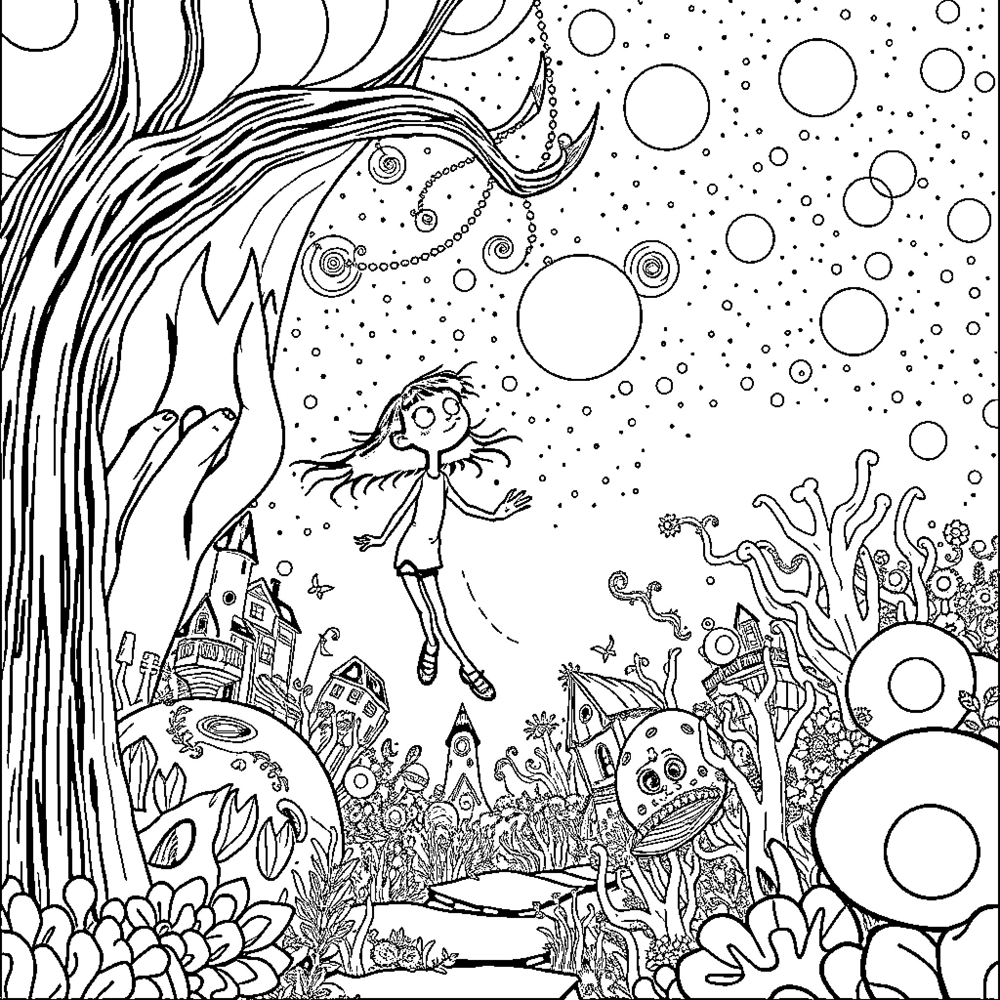 Coraline in a whimsical and fantastical world Coloring Page (free black-and-white line drawing printable PDF for all, from beginners to advanced learners, including children, teens, adults, and seniors)
