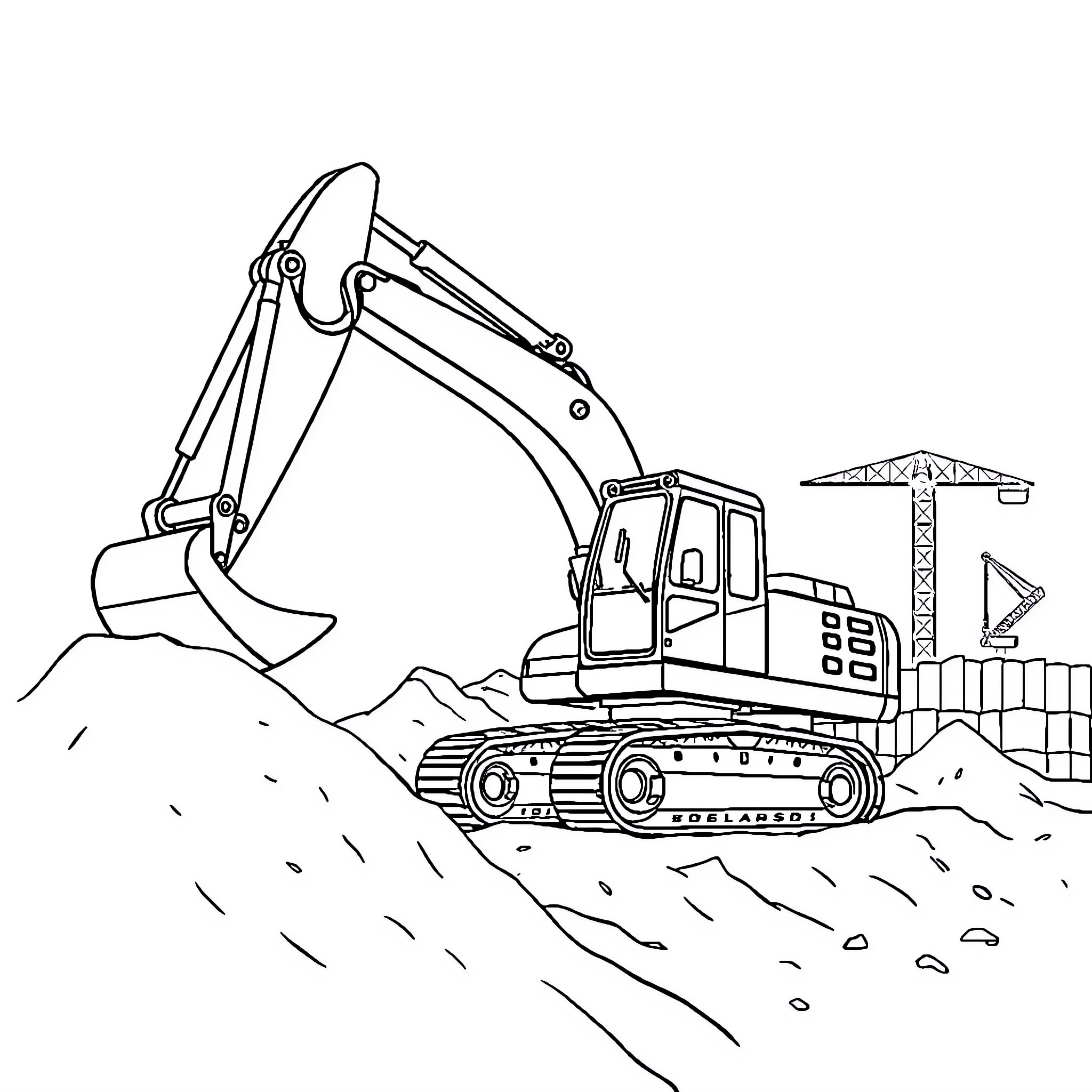 Excavator operating at construction site Coloring Page (free black-and-white line drawing printable PDF for all, from beginners to advanced learners, including children, teens, adults, and seniors)
