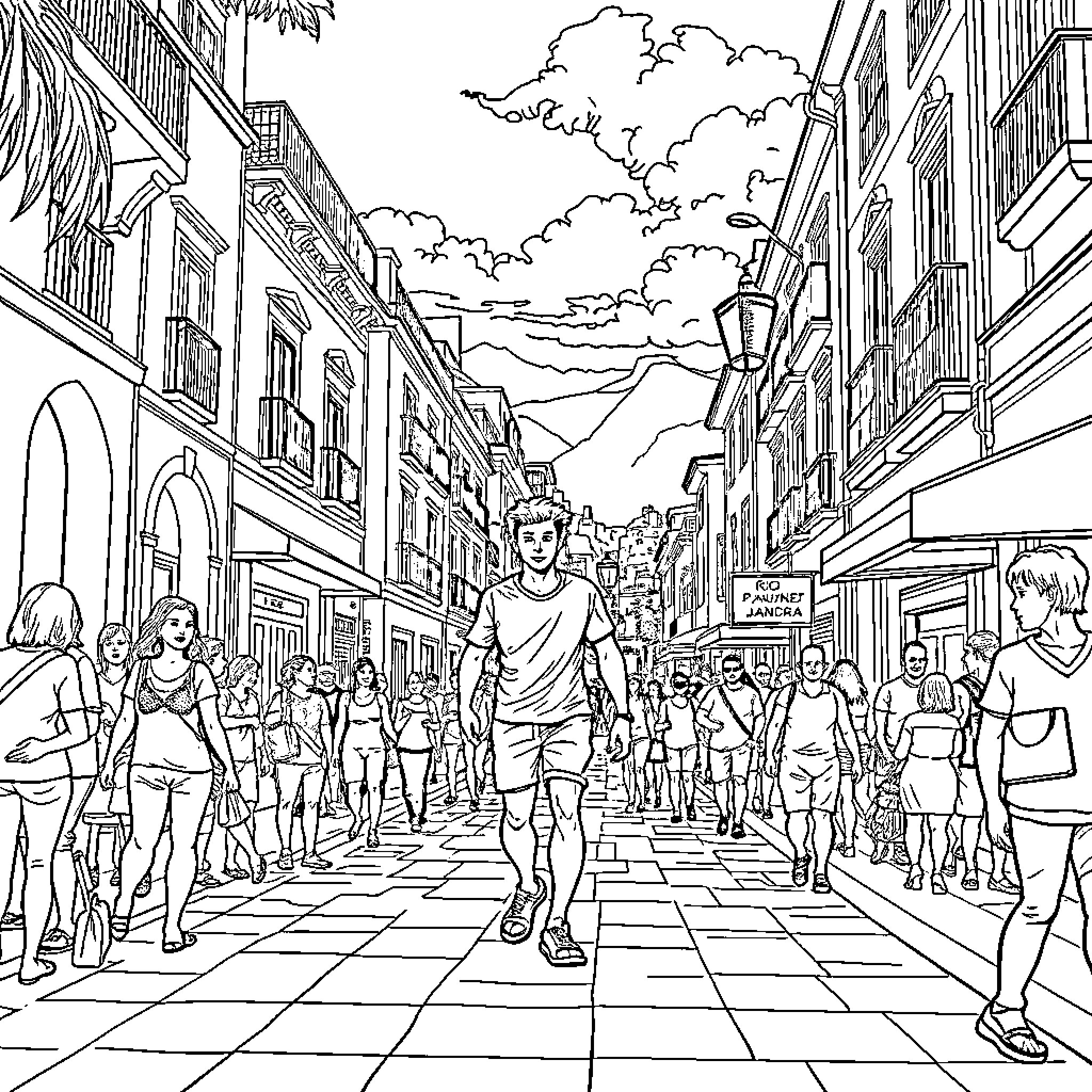 Static Shock: Vibrant Cityscape Bustling with Activity Coloring Page (free black-and-white line drawing printable PDF for all, from beginners to advanced learners, including children, teens, adults, and seniors)