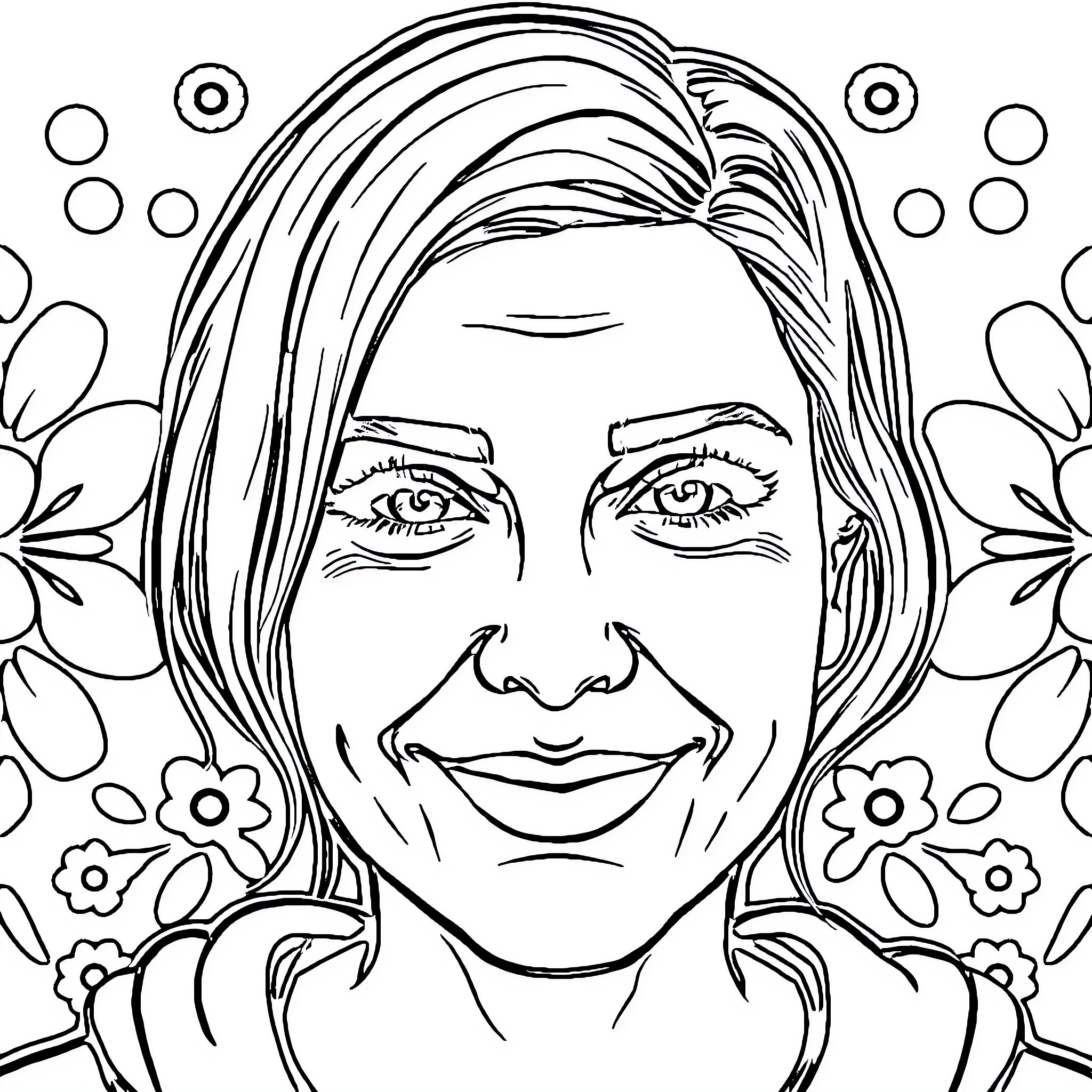 Self Portrait of a Smiling Woman Surrounded by Flowers Coloring Page (free black-and-white line drawing printable PDF for all, from beginners to advanced learners, including children, teens, adults, and seniors)