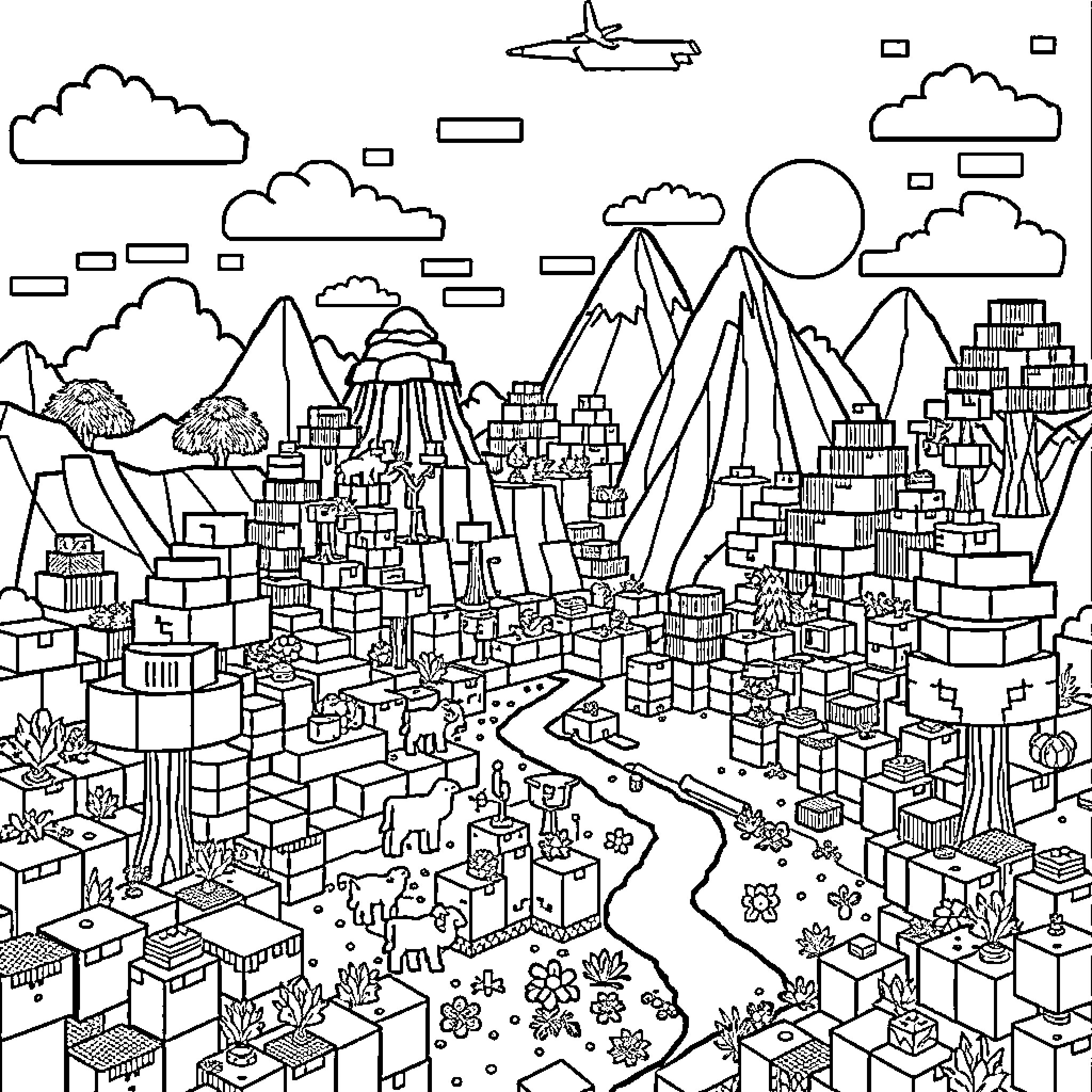 Minecraft Cityscape: A Bustling Digital Landscape Coloring Page (free black-and-white line drawing printable PDF for all, from beginners to advanced learners, including children, teens, adults, and seniors)