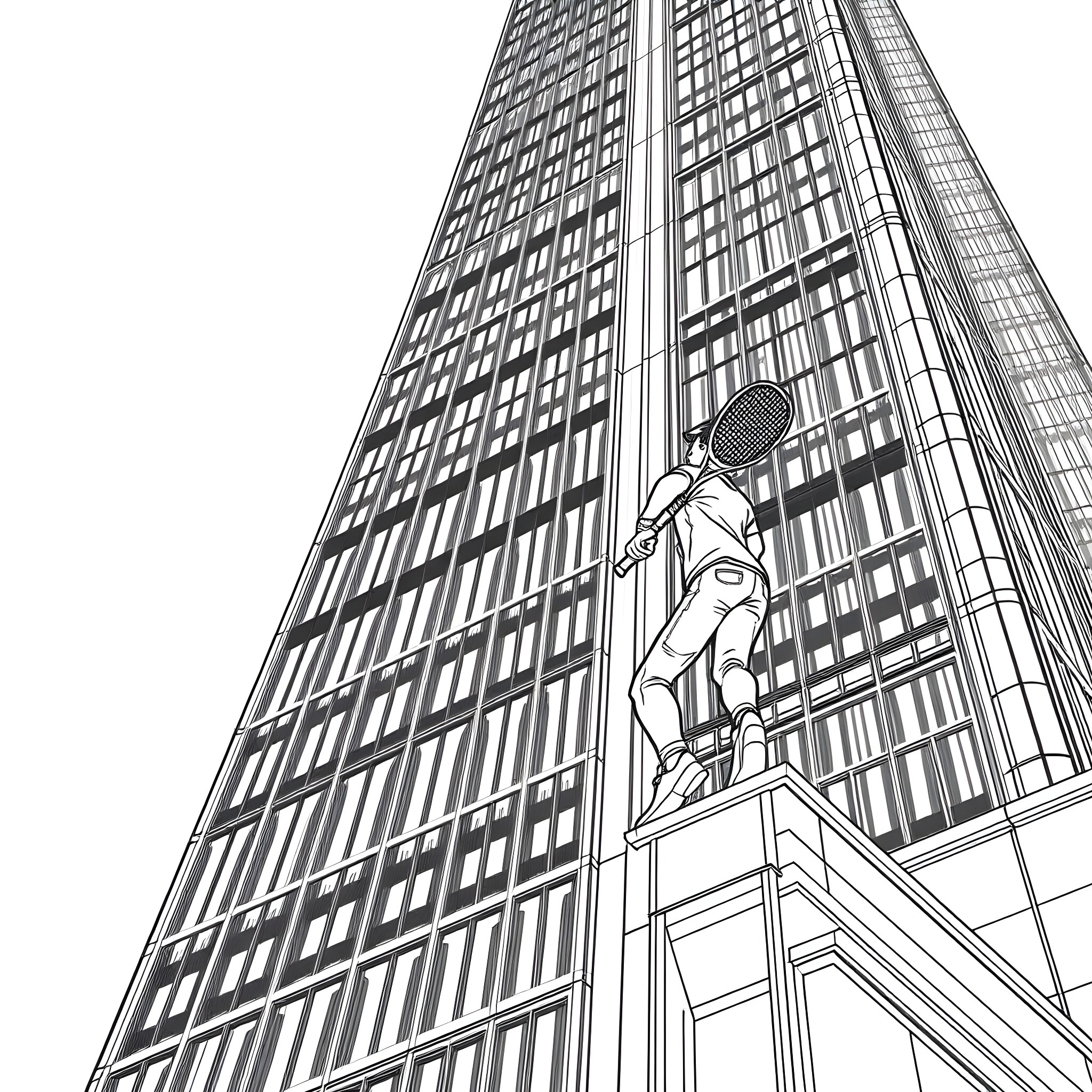 Student Observing Towering Skyscraper Architecture Coloring Page (free black-and-white line drawing printable PDF for all, from beginners to advanced learners, including children, teens, adults, and seniors)