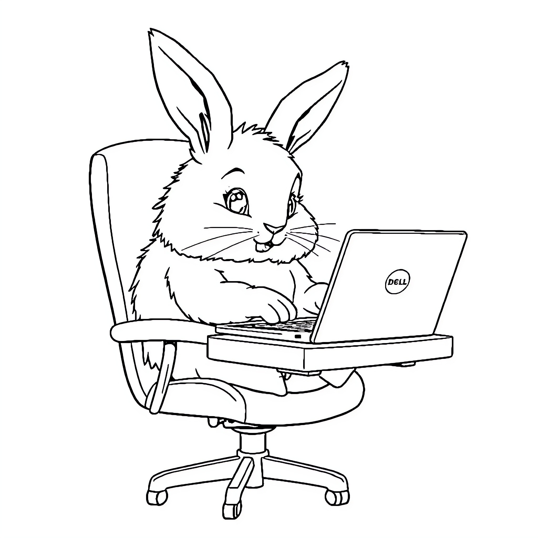 Rabbit using laptop at desk Coloring Page (free black-and-white line drawing printable PDF for all, from beginners to advanced learners, including children, teens, adults, and seniors)