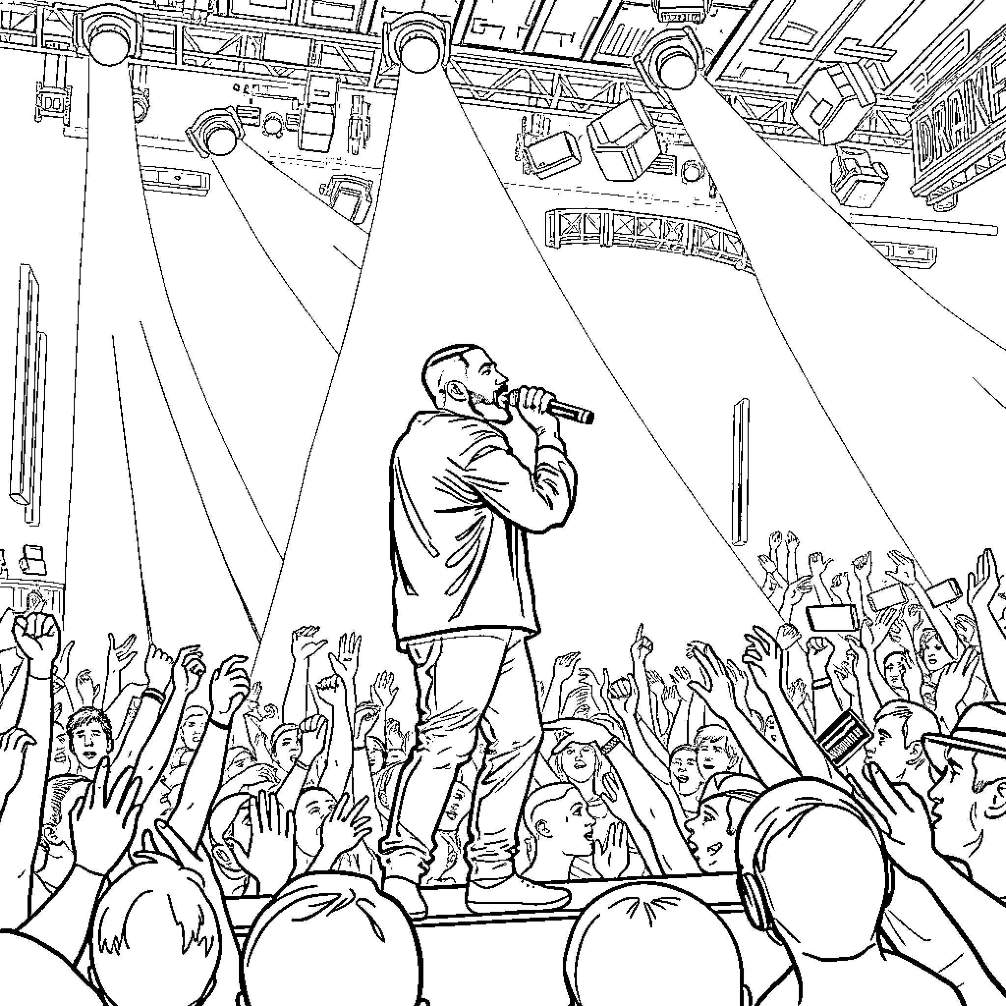 Drake performing on stage with crowd Coloring Page (free black-and-white line drawing printable PDF for all, from beginners to advanced learners, including children, teens, adults, and seniors)