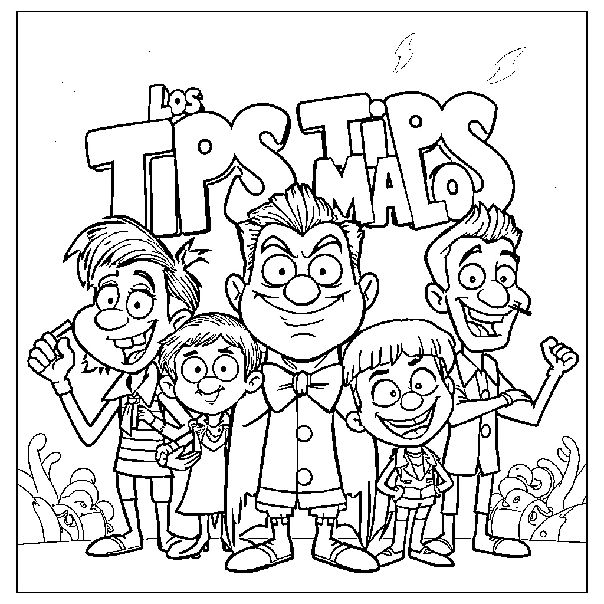 Bad Guys in Cartoon-Style Mischief Coloring Page (free black-and-white line drawing printable PDF for all, from beginners to advanced learners, including children, teens, adults, and seniors)