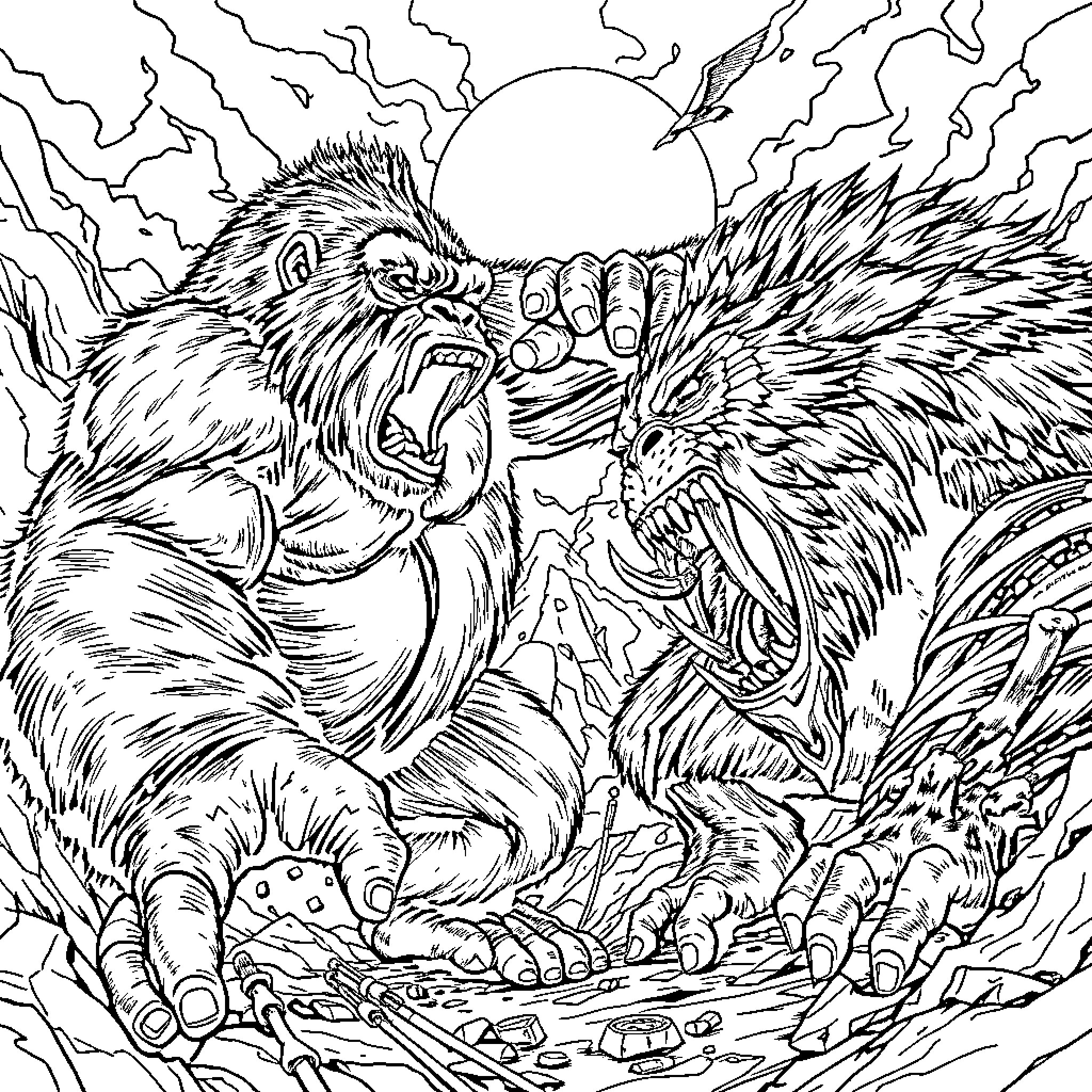 King Kong vs. Kaiju Creature in Dramatic Battle Coloring Page (free black-and-white line drawing printable PDF for all, from beginners to advanced learners, including children, teens, adults, and seniors)