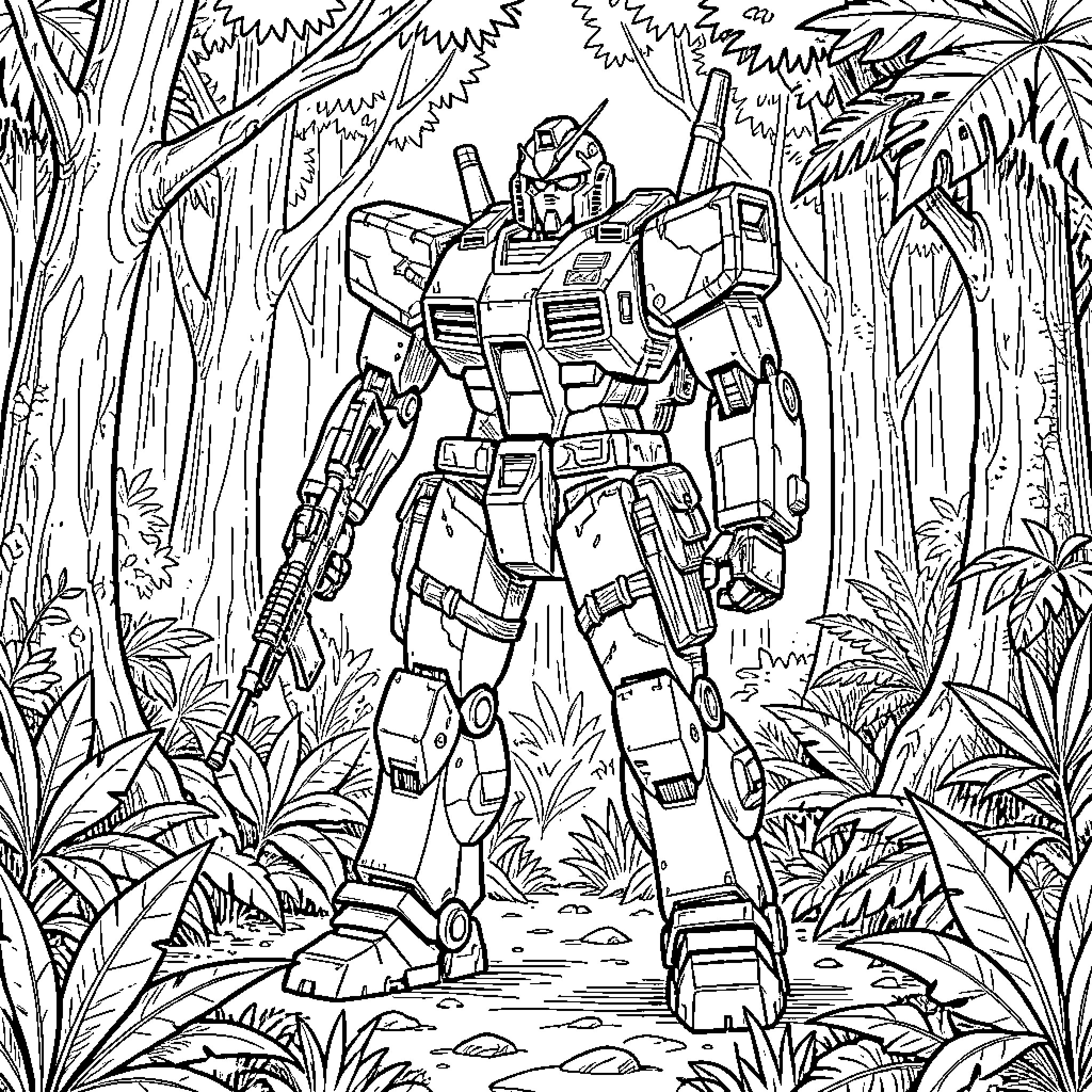 Mecha Robot standing guard in a dense jungle Coloring Page (free black-and-white line drawing printable PDF for all, from beginners to advanced learners, including children, teens, adults, and seniors)