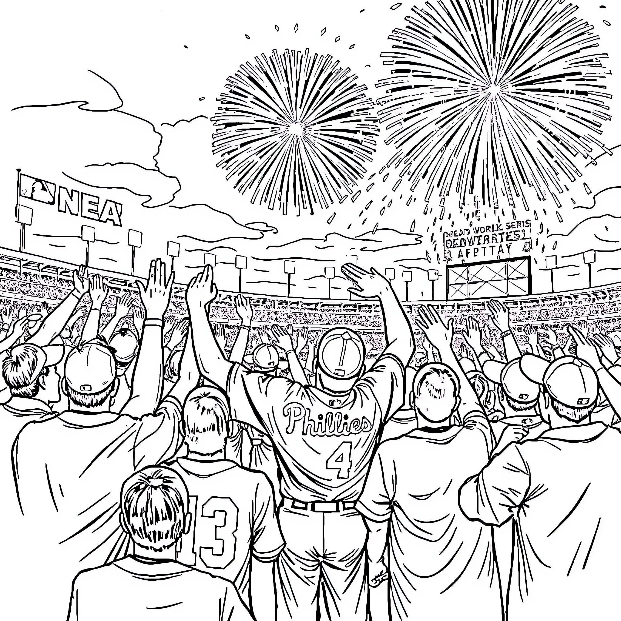 Phillies fans cheering at baseball stadium with fireworks Coloring Page (free black-and-white line drawing printable PDF for all, from beginners to advanced learners, including children, teens, adults, and seniors)