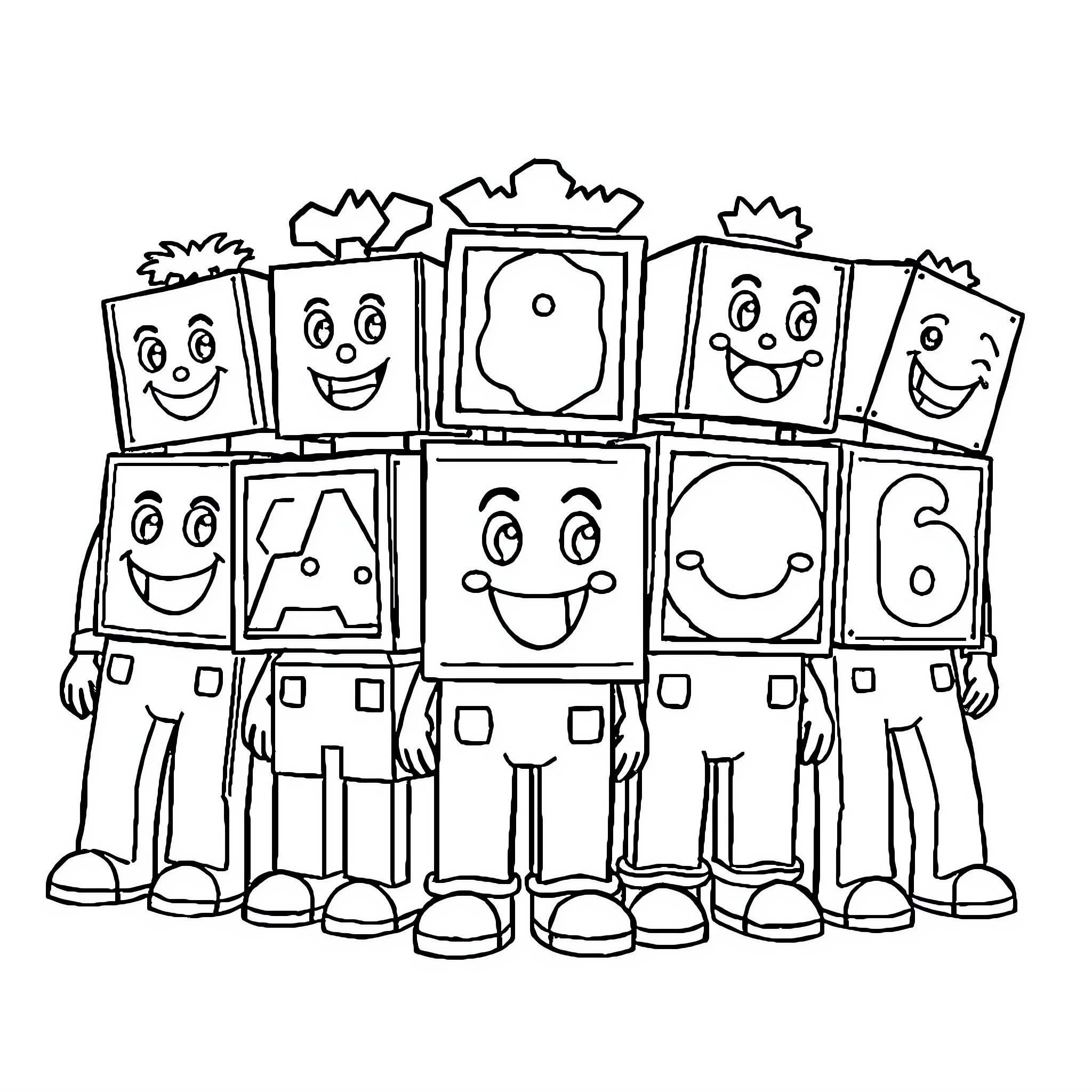 Numberblocks characters standing together happily Coloring Page (free black-and-white line drawing printable PDF for all, from beginners to advanced learners, including children, teens, adults, and seniors)